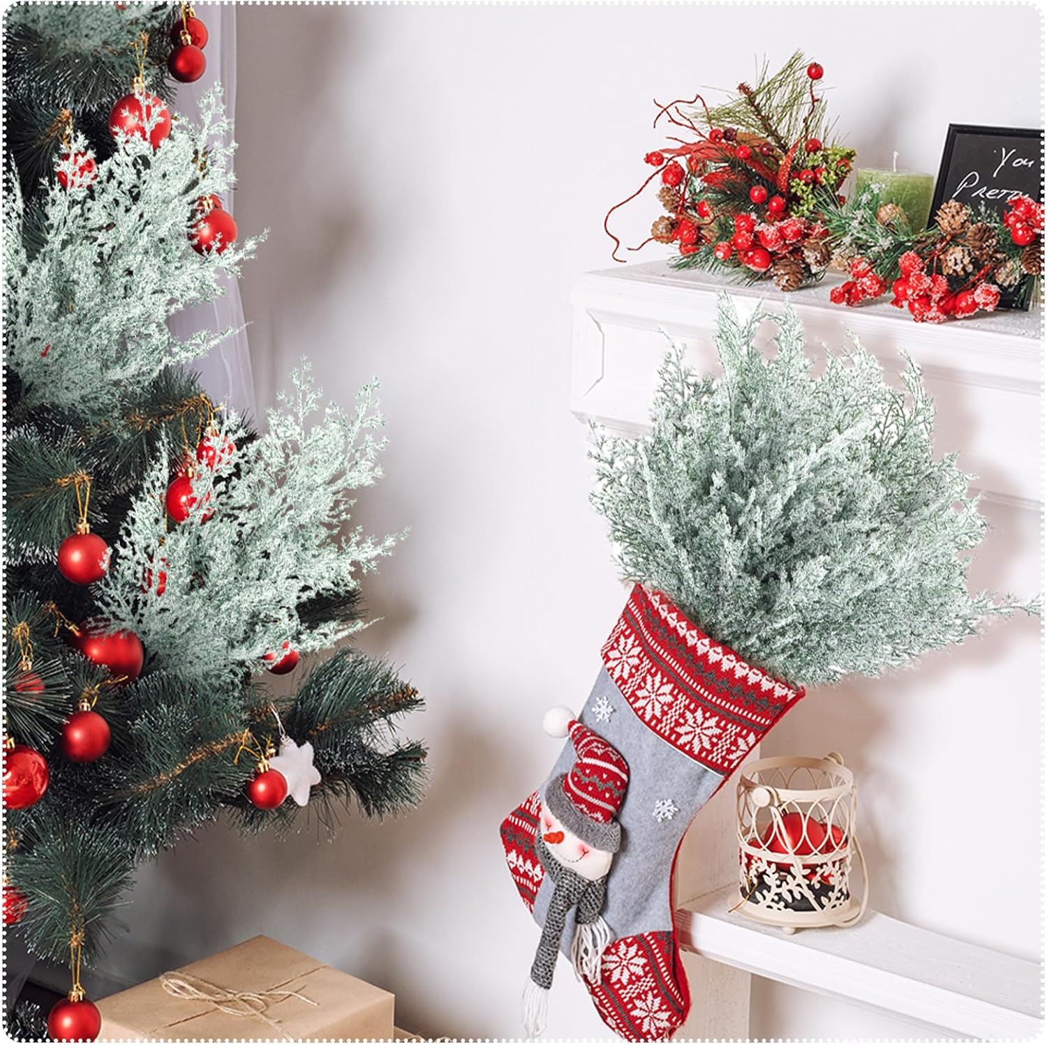 Yinder 12 ramas de pino artificial nevadas de 17 pulgadas esmerilado de cedro sintético en aerosoles de Navidad con tallos de pino, ramitas para