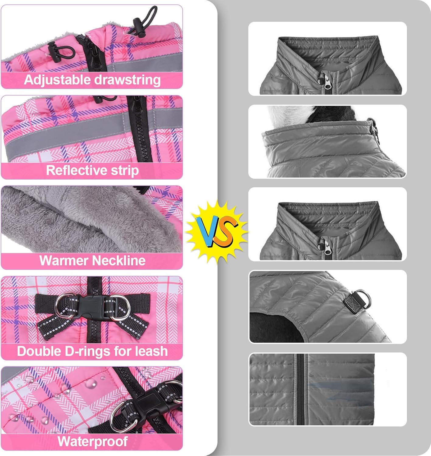 BEAUTYZOO Abrigo de invierno a cuadros para perro, chaqueta reflectante mejorada para perro, forro polar acolchado con arnés integrado, ropa