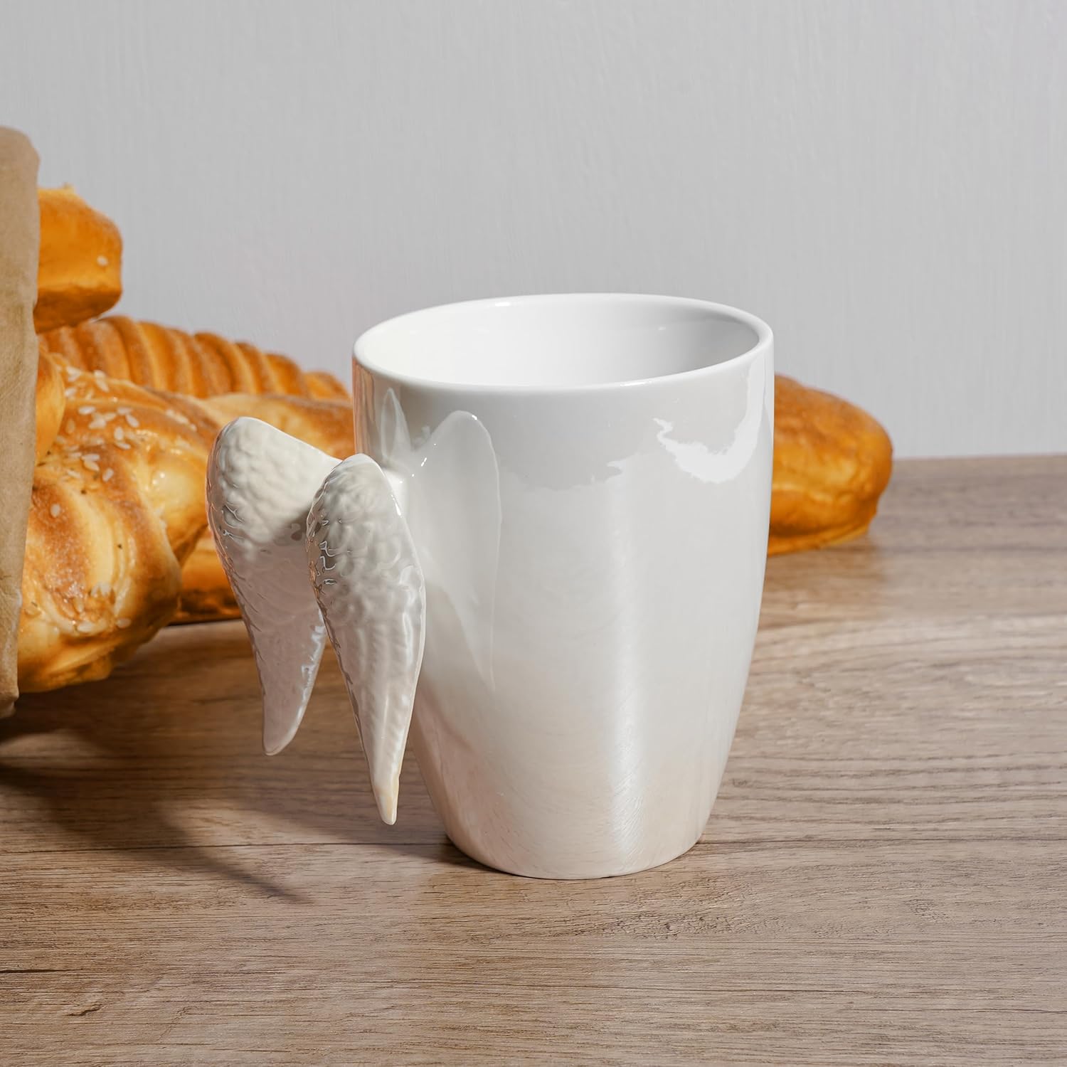 White Angel Wings – Taza de cerámica con asa en forma de alas de ángel, té aziraphale, bebidas calientes, hogar, cocina, oficina, 13.5 onzas