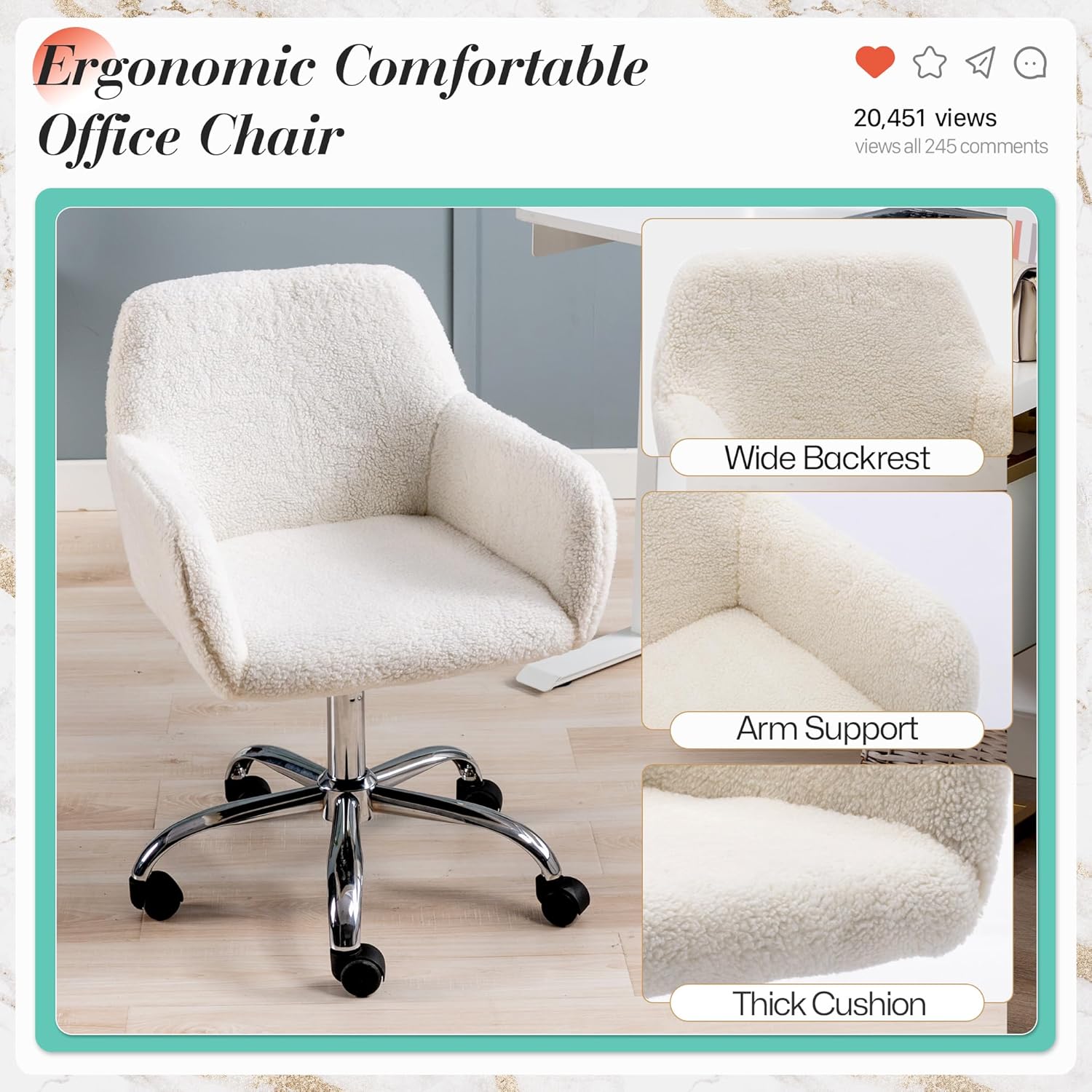 Homedraft Silla de escritorio giratoria de piel sintética de 360, sillón de oficina en casa ajustable con base plateada para adolescentes, mujeres y