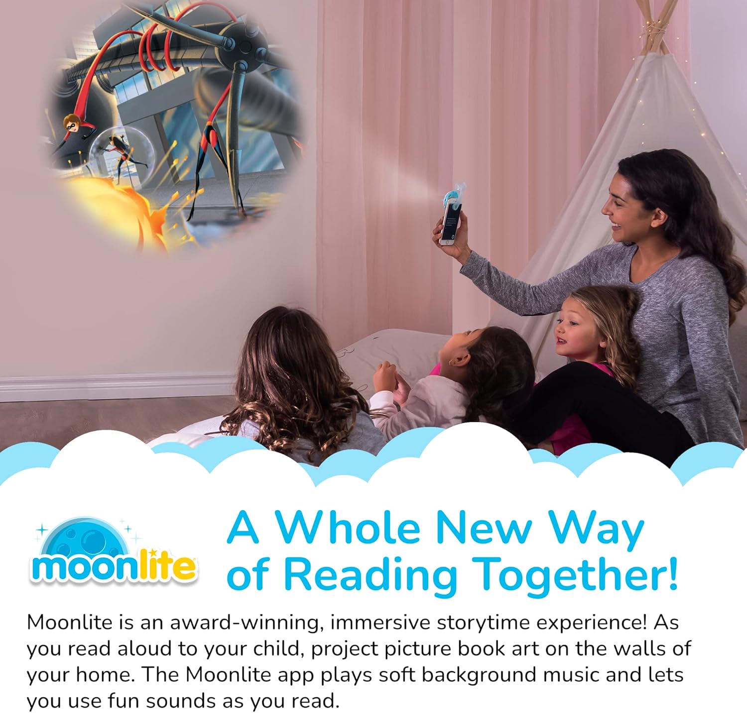 Moonlite Storytime – Carrete de libro de cuentos The Incredibles, una forma mágica de leer juntos, historia digital para proyector, divertidos