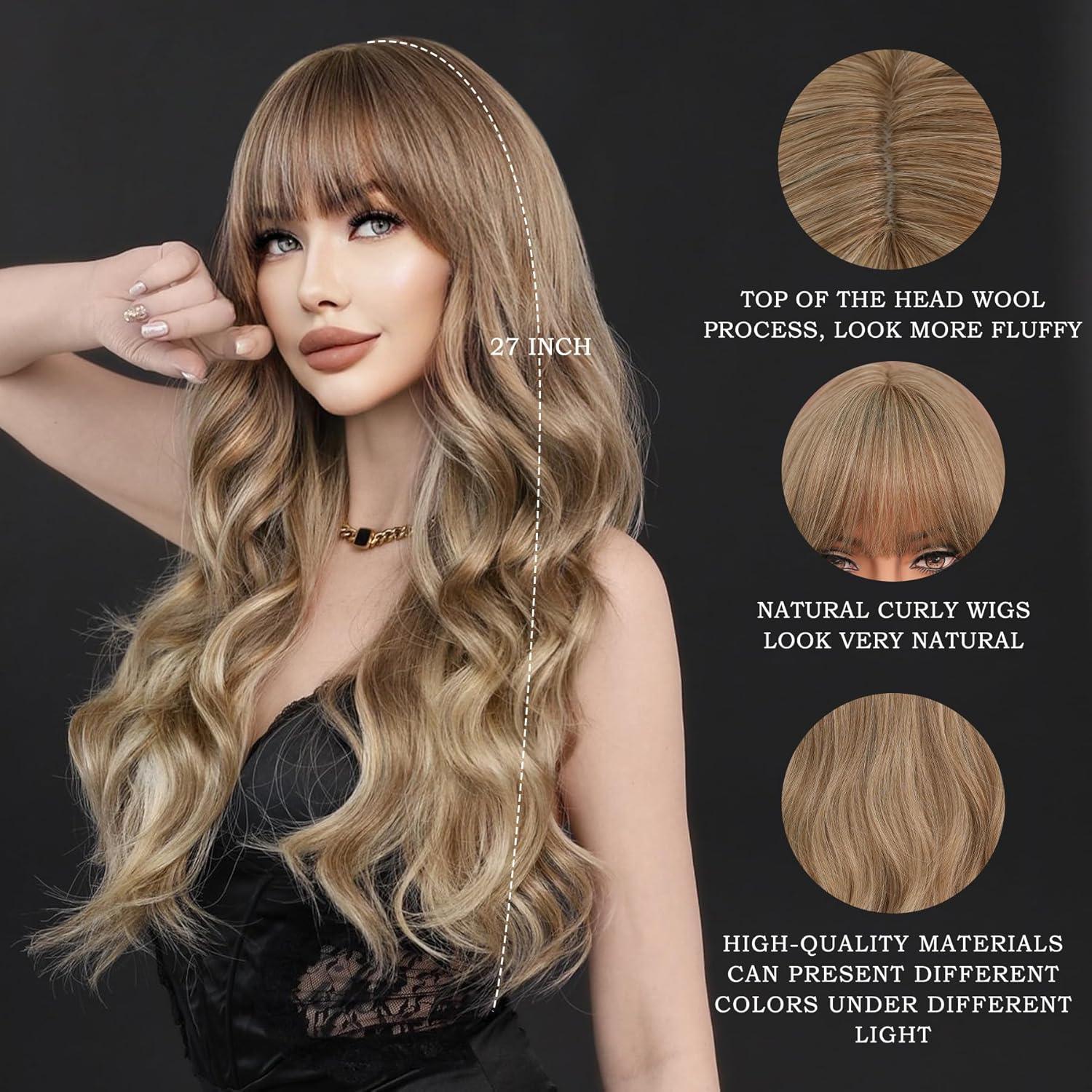 7JHH WIGS Peluca larga ondulada con flequillo de 26 pulgadas, rubio ceniza natural, resistente al calor, pelucas rizadas de fibra sintética para