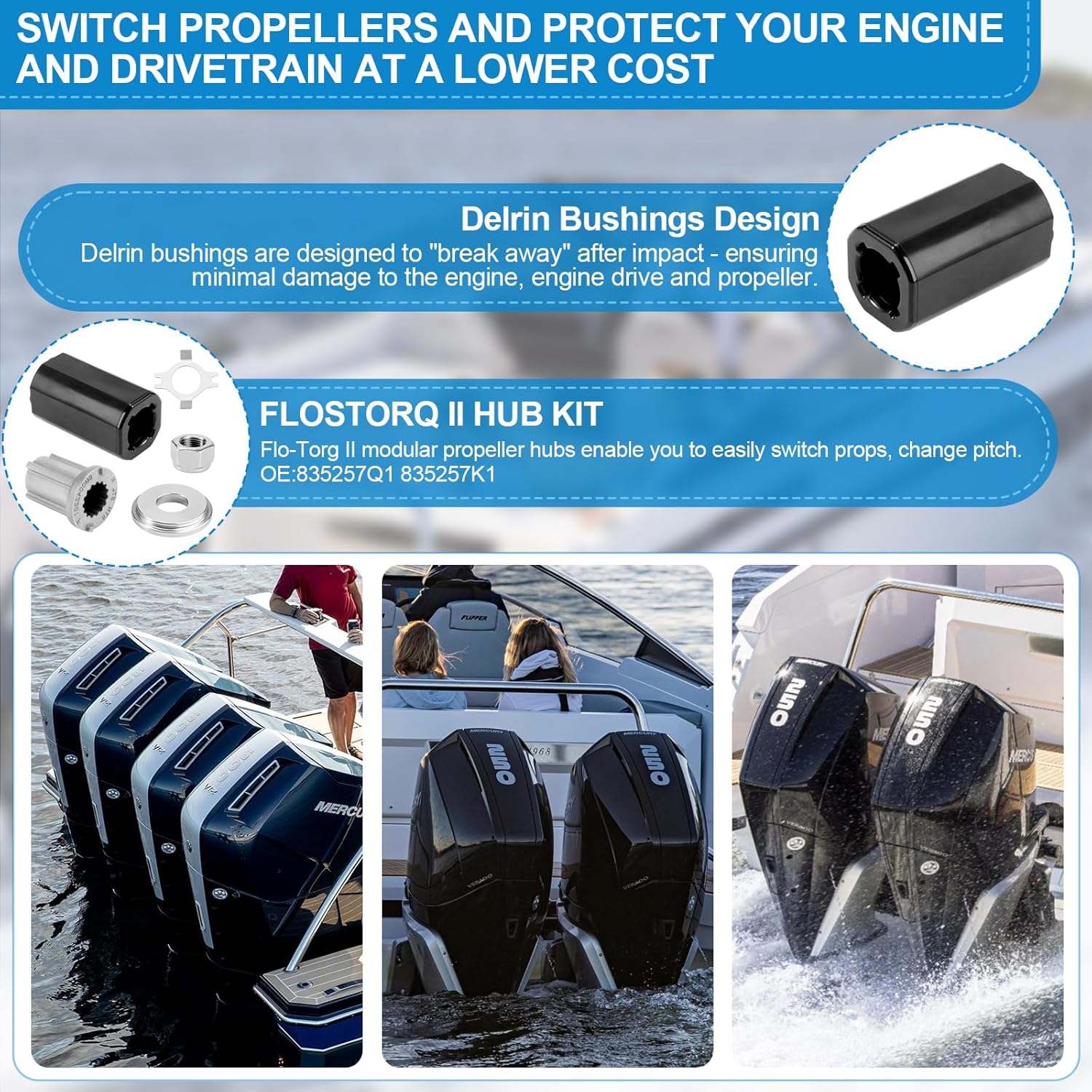 835257Q1 Kit de buje Flo-Torq II para motores Mercury 135-300 HP, Mercruiser Alpha, Bravo One, Mariner 40-60 HP CT, Alpha One Engines Drives