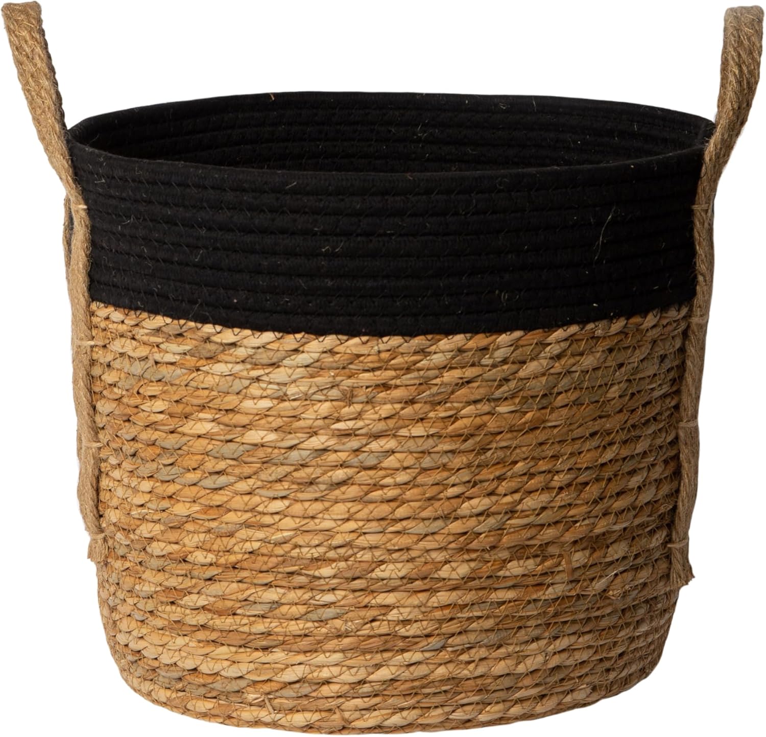 Coastal Charm – Exquisita canasta tejida de hierba marina con asas, solución de almacenamiento natural atemporal versátil y elegante en ribete negro