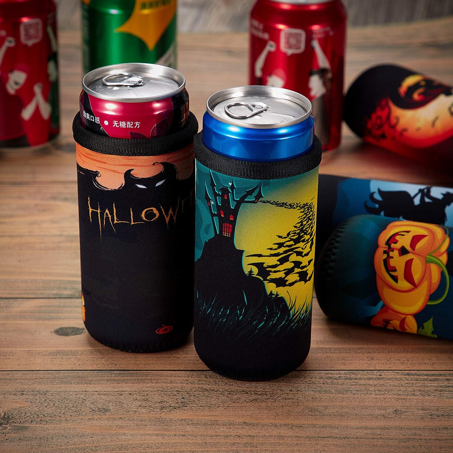 6 fundas enfriadoras de latas de Halloween de 12 onzas, calabaza, bruja, murciélago, fundas para botellas, fundas para latas de cerveza de