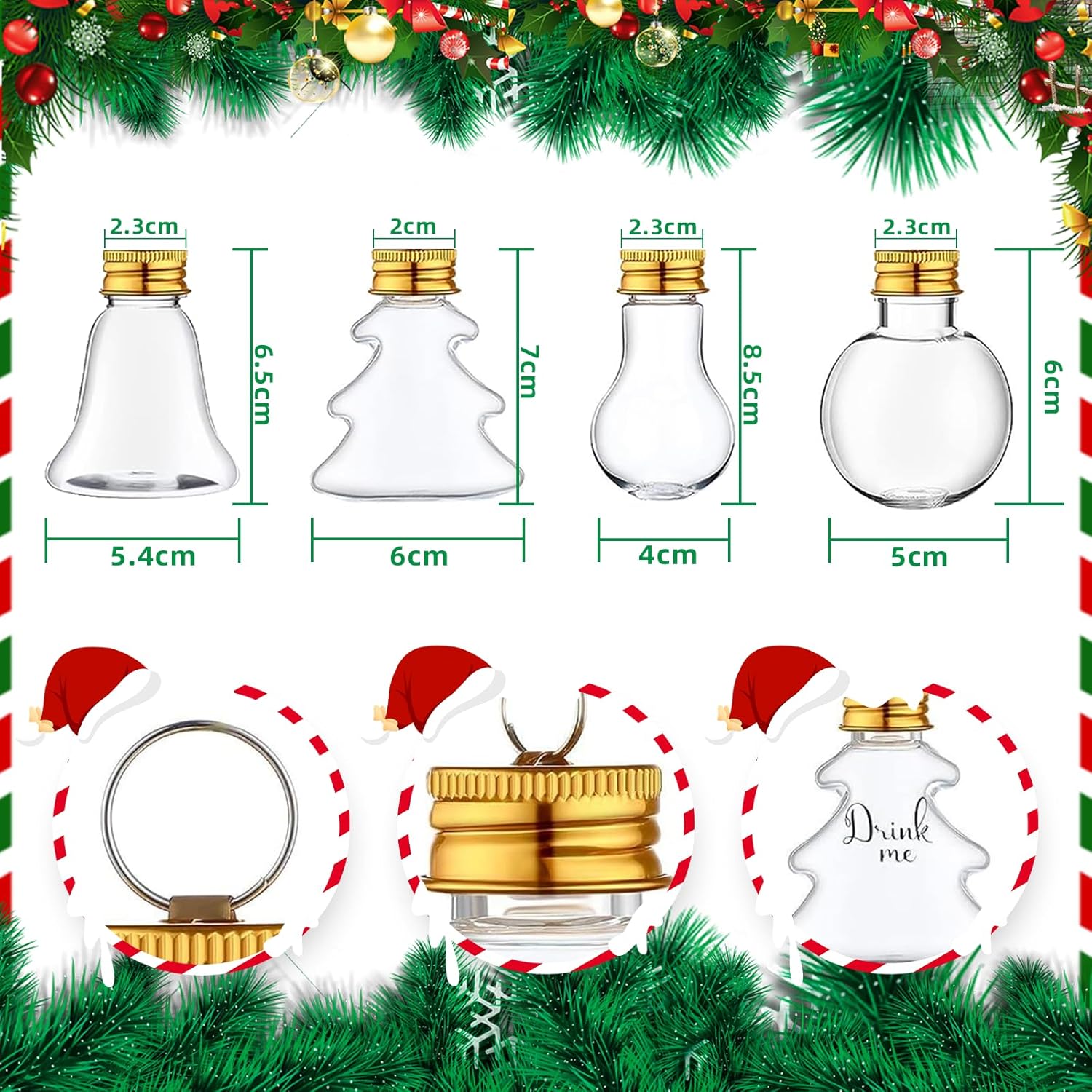 18 bolas de alcohol para fiestas navideñas, adornos de árbol de alcohol rellenables con calcomanías de cinta a cuadros de búfalo de plástico