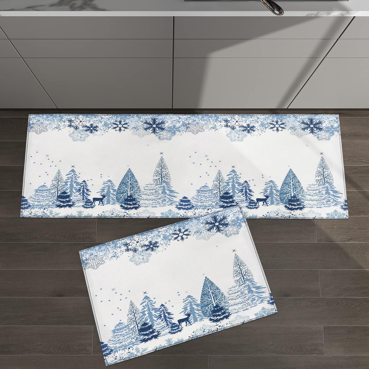 Juego de 1 alfombra y tapetes de cocina de Navidad, diseño abstracto de copos de nieve, alce y arbor, tapete antideslizante para el hogar, comedor,
