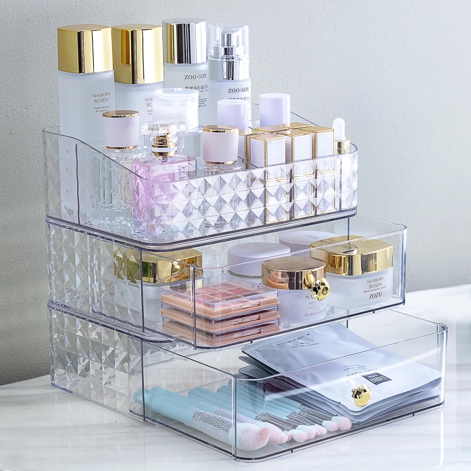Organizador de maquillaje de 3 niveles para tocador, 9.52 pulgadas de largo x 6.85 pulgadas de ancho x 9.44 pulgadas de alto, organizador de