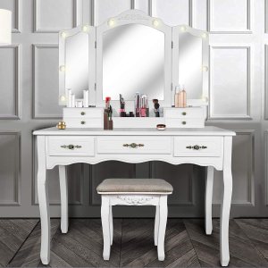 ENSTVER Vanity Beauty Station, espejos plegables, 6 organizaciones, 7 cajones, mesa de maquillaje con taburete acolchado, color blanco ENSTVER Vanity Beauty Station, espejos plegables, 6 organizaciones, 7 cajones, mesa de maquillaje con taburete acolchado, color blanco