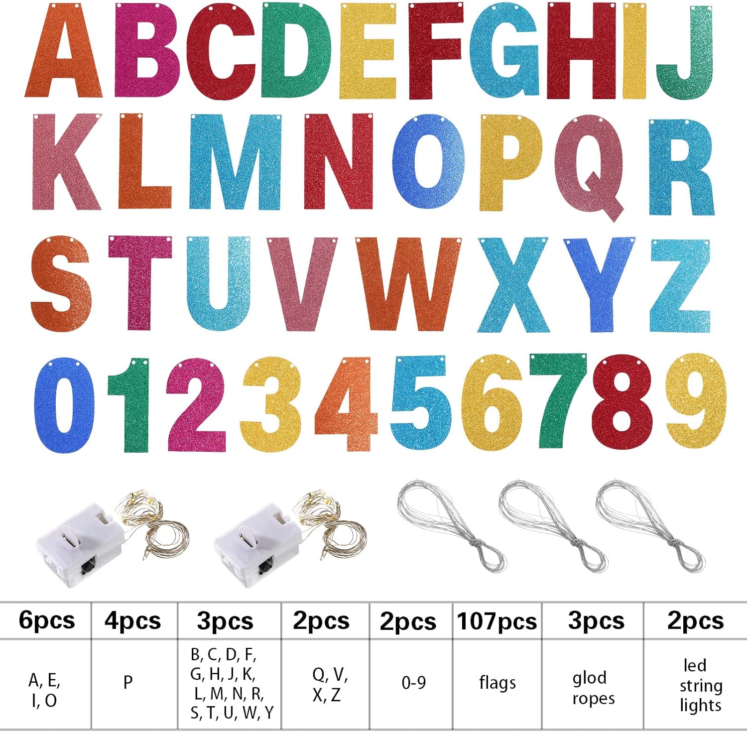 TaoBary Kit de 112 pancartas personalizables con purpurina, incluye 107 letras y números, 3 cuerdas y 2 luces decorativas para fiesta de cumpleaños,
