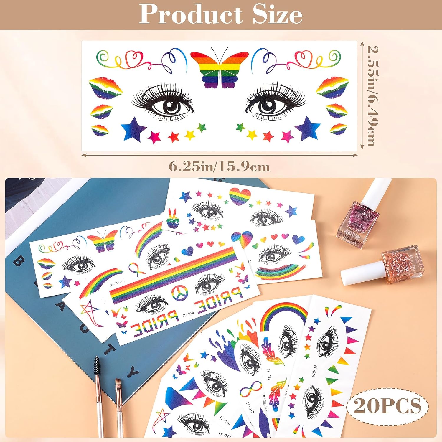 20 hojas (340 piezas) tatuaje temporal de cara de arco iris para maquillaje, impermeable, estrella, mariposa, corazón, bandera, tatuaje, ojos,