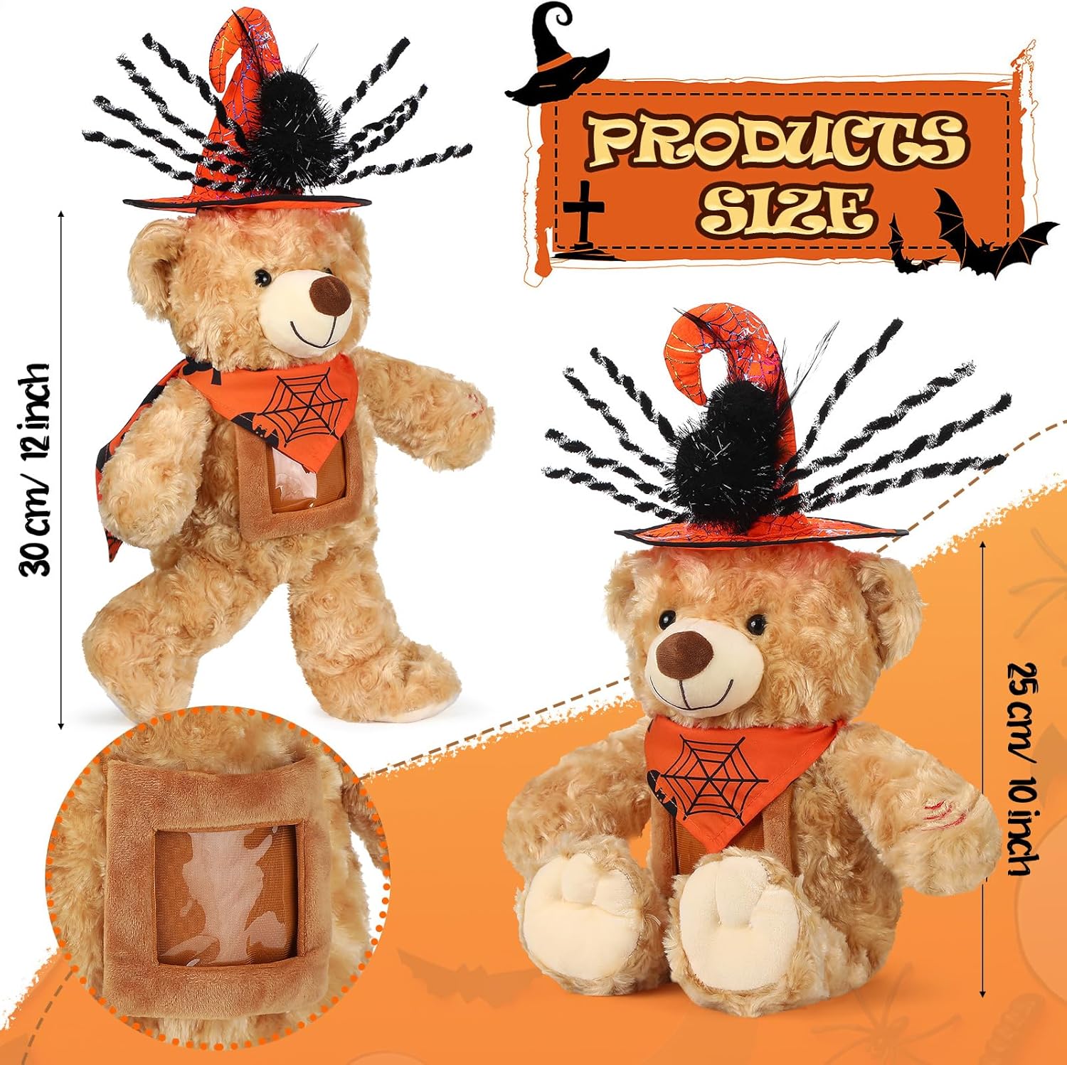 Juego de animales de peluche de oso de Halloween con grabadora de voz, lindo oso de Halloween de 12 pulgadas con sombrero de grabadora de voz y