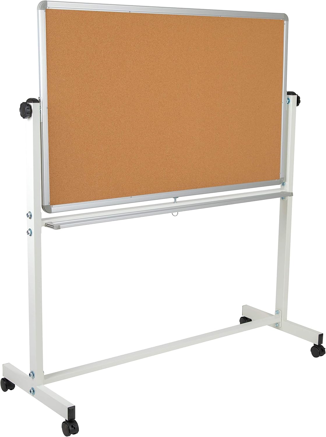 EMMA + OLIVER Tablero de anuncios de corcho móvil reversible de 53 pulgadas de ancho x 59 pulgadas de alto y tablero blanco con bandeja para