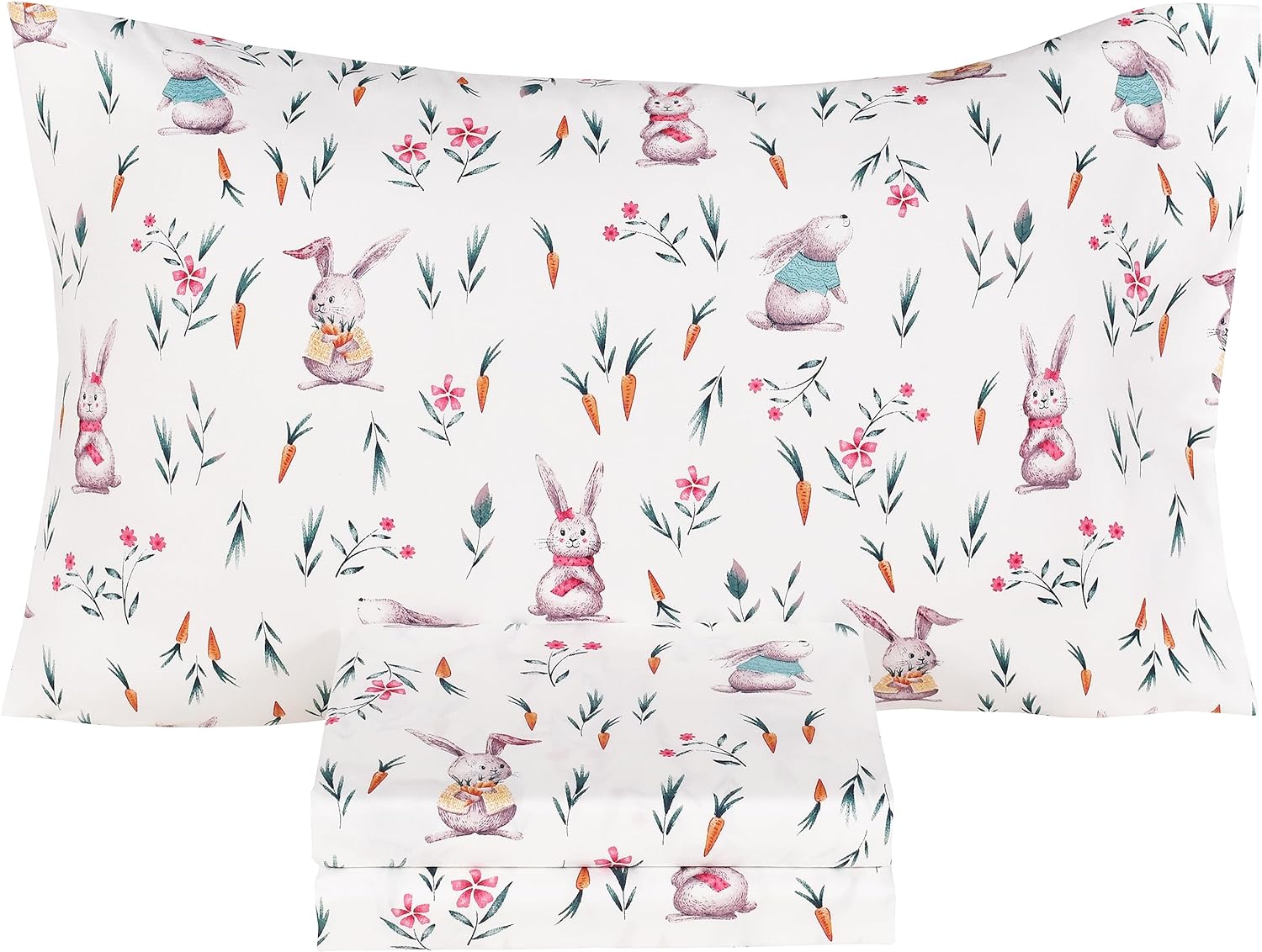 Cute Bunny Like Flower & Baby Carrot – Juego de sábanas de 3 piezas, 100 % algodón, acogedor juego de sábanas individuales, sábana encimera, sábana