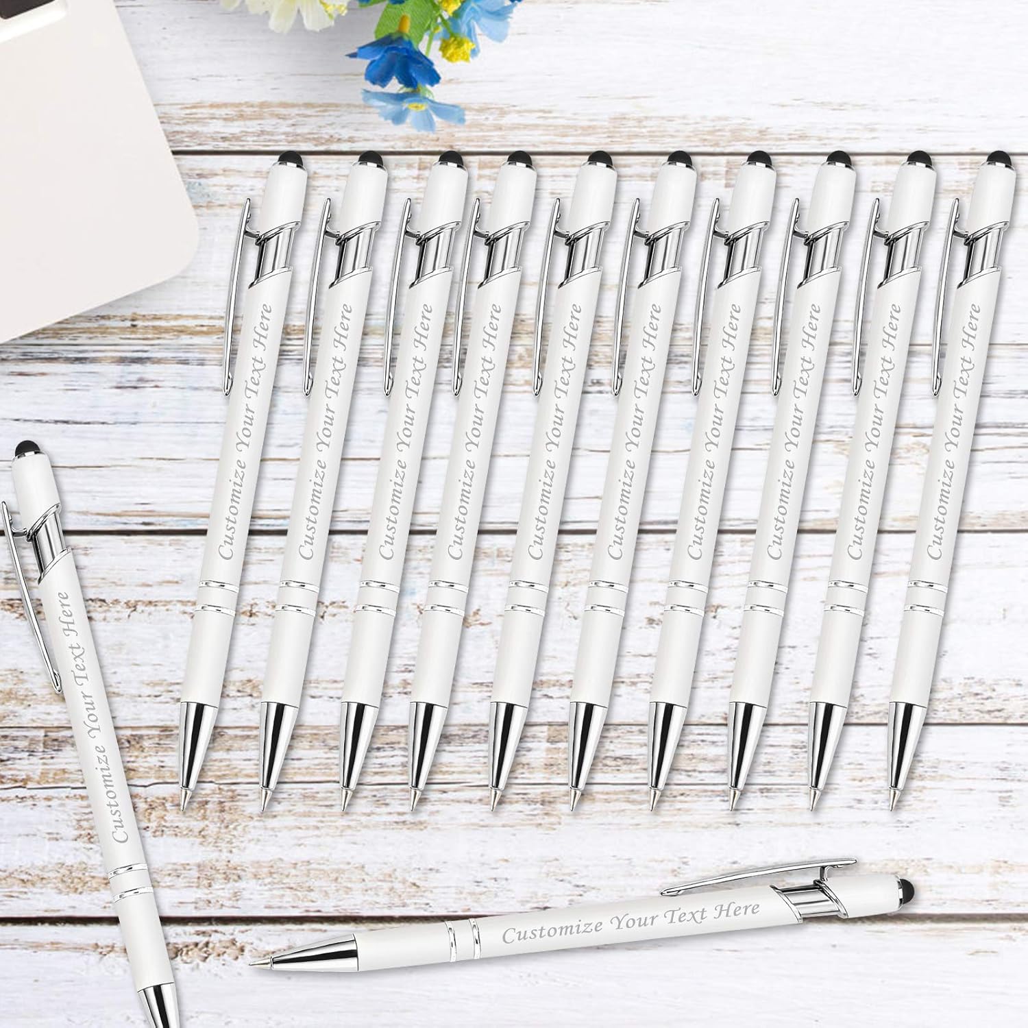 Bolígrafos personalizados con punta de lápiz capacitivo, 12 bolígrafos de grabado personalizado, bolígrafo de tacto suave, nombre impreso, tinta
