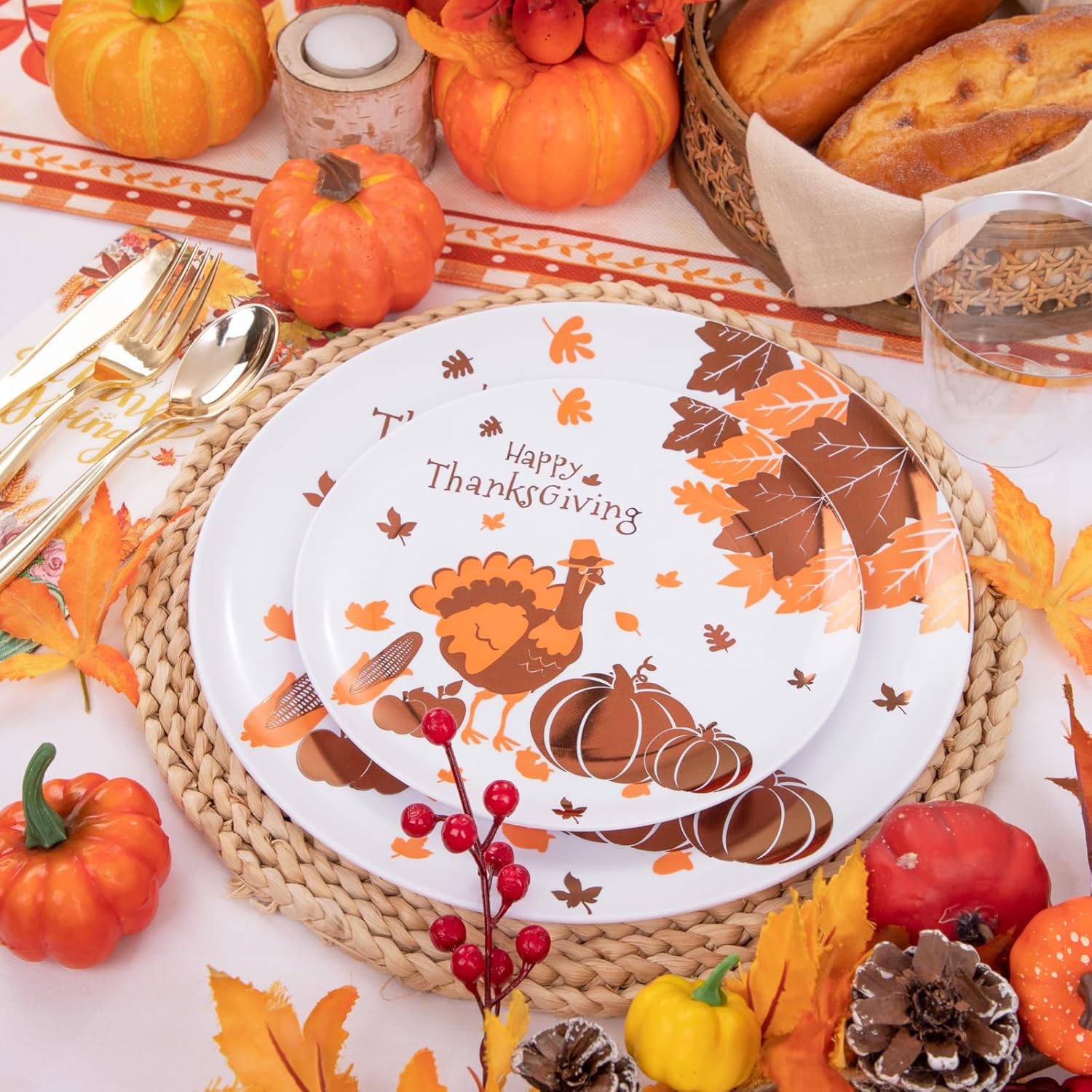 LIYH 150 platos de plástico de Acción de Gracias, platos desechables de pavo para decoración de cosecha de otoño, platos de regalo de amigos, juego