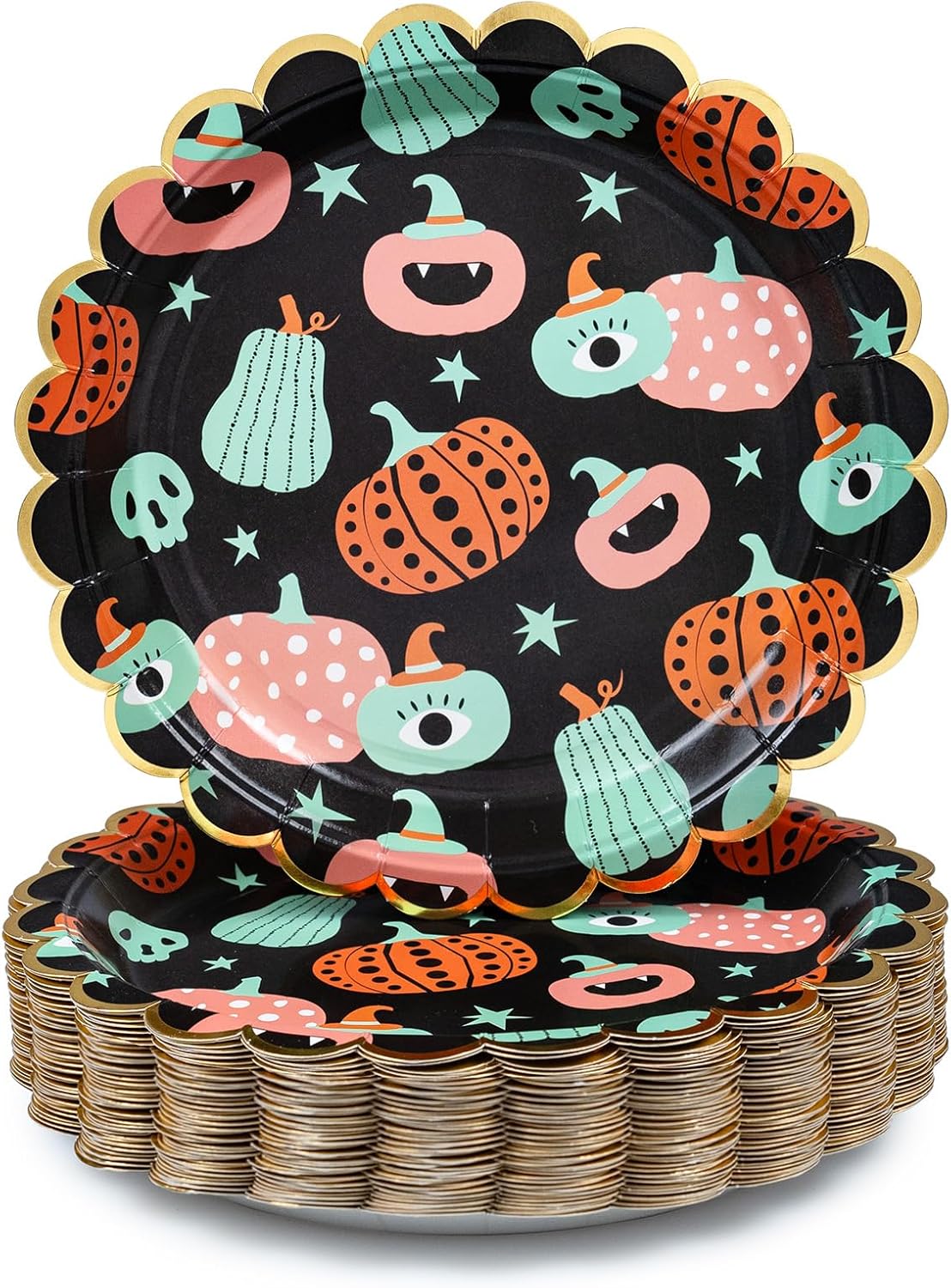 Platos de papel de Halloween, 50 platos desechables para cena de Halloween, festoneados, suministros de fiesta, calabazas funky, negro