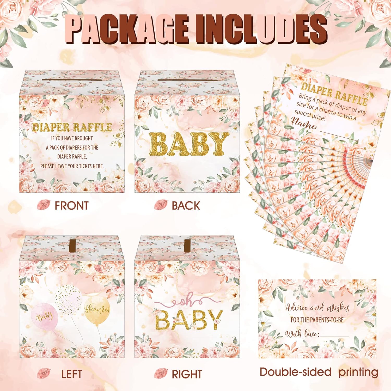 Teling 51 boletos para rifas de pañales con caja de tarjetas, decoración de baby shower, caja de soporte para baby shower, para fiesta de rifas de