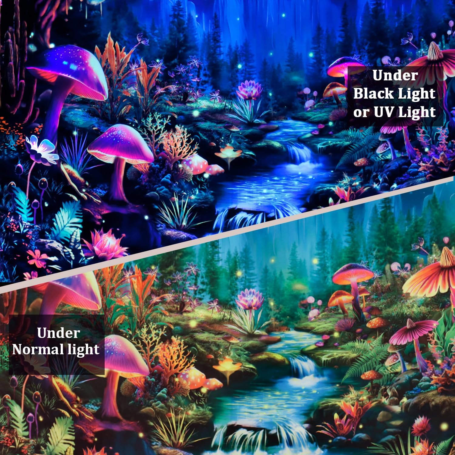 Heopapin Tapiz de luz negra con hongos reactivos a los rayos UV, tapiz de fantasía, luz de luna, montaña, bosque, paisaje, misterioso, selva,