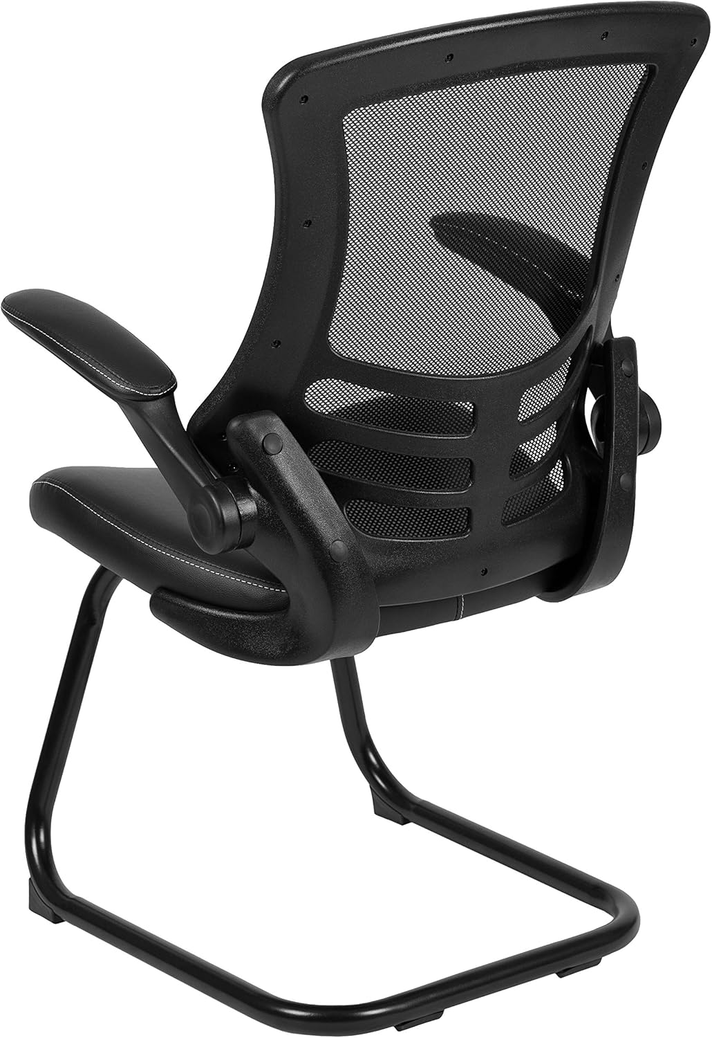 EMMA + OLIVER Silla de recepción lateral con base de trineo de malla negra con asiento LeatherSoft y brazos abatibles