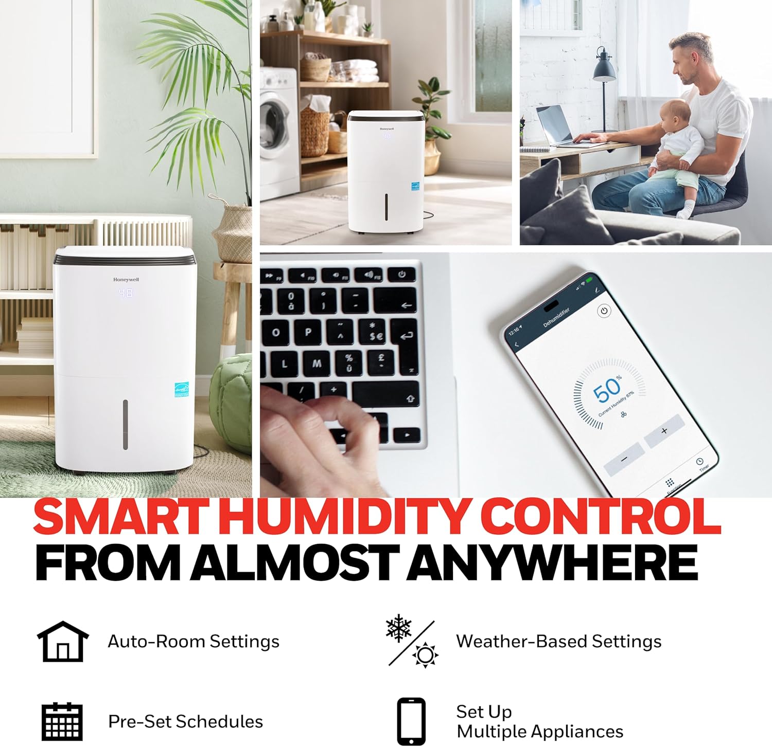 Honeywell Deshumidificador inteligente Energy Star de 4000 pies cuadrados para sótanos domésticos y habitaciones grandes, con WiFi, control de voz