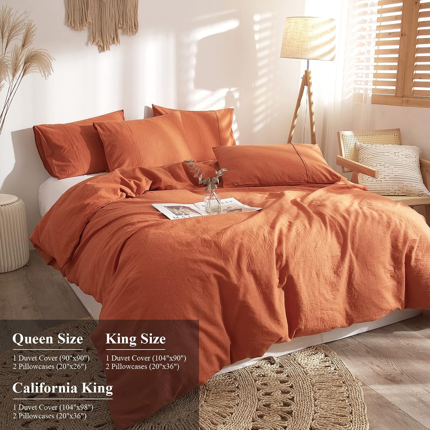 Ivellow Funda de edredón de lino naranja quemado, tamaño Queen, 100% lino francés lavado, funda de edredón de lino puro, tamaño Queen, suave,