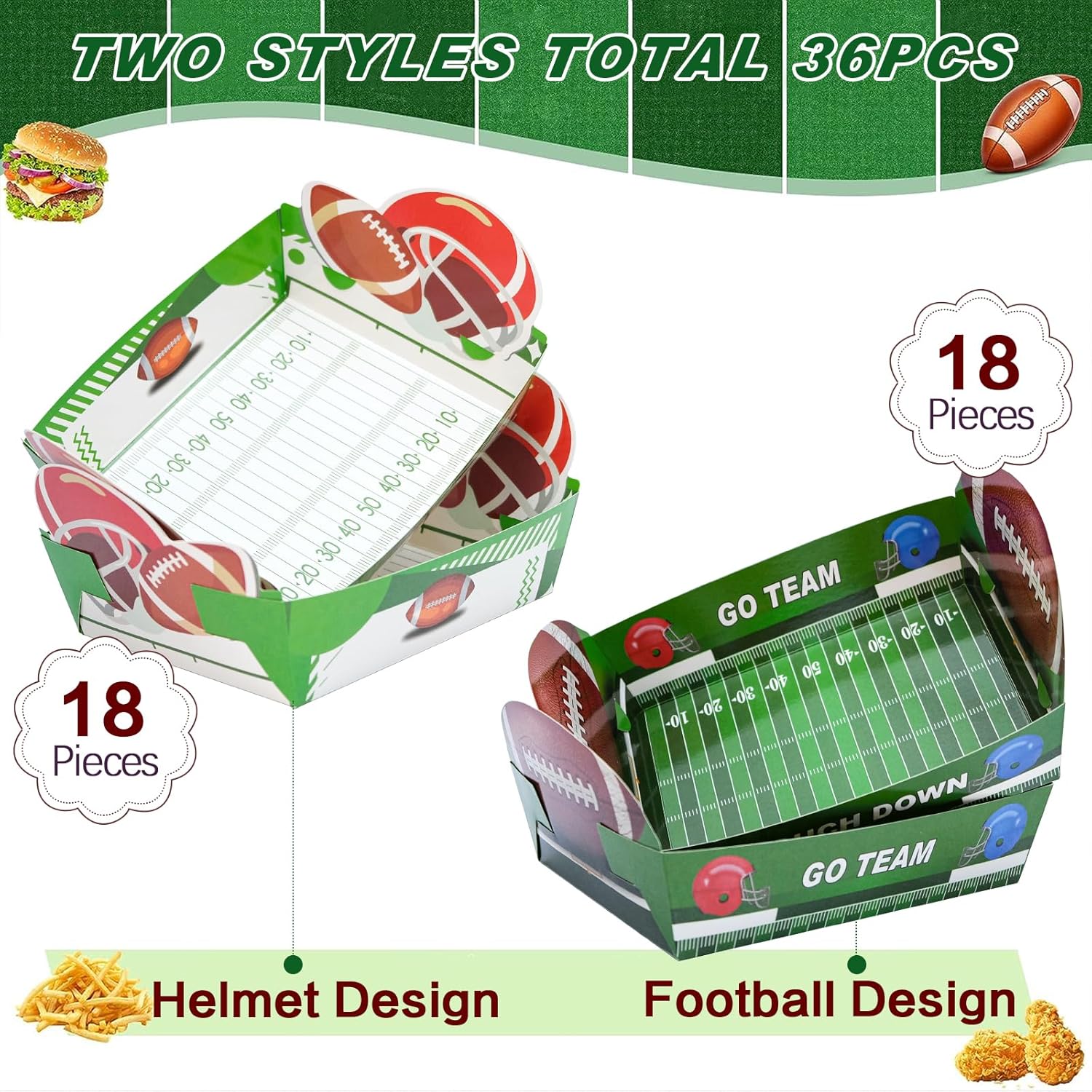 Paquete de 36 bandejas de papel desechables para fiestas de fútbol, bandejas de comida desechables de 5 libras, bandejas de palomitas de maíz para
