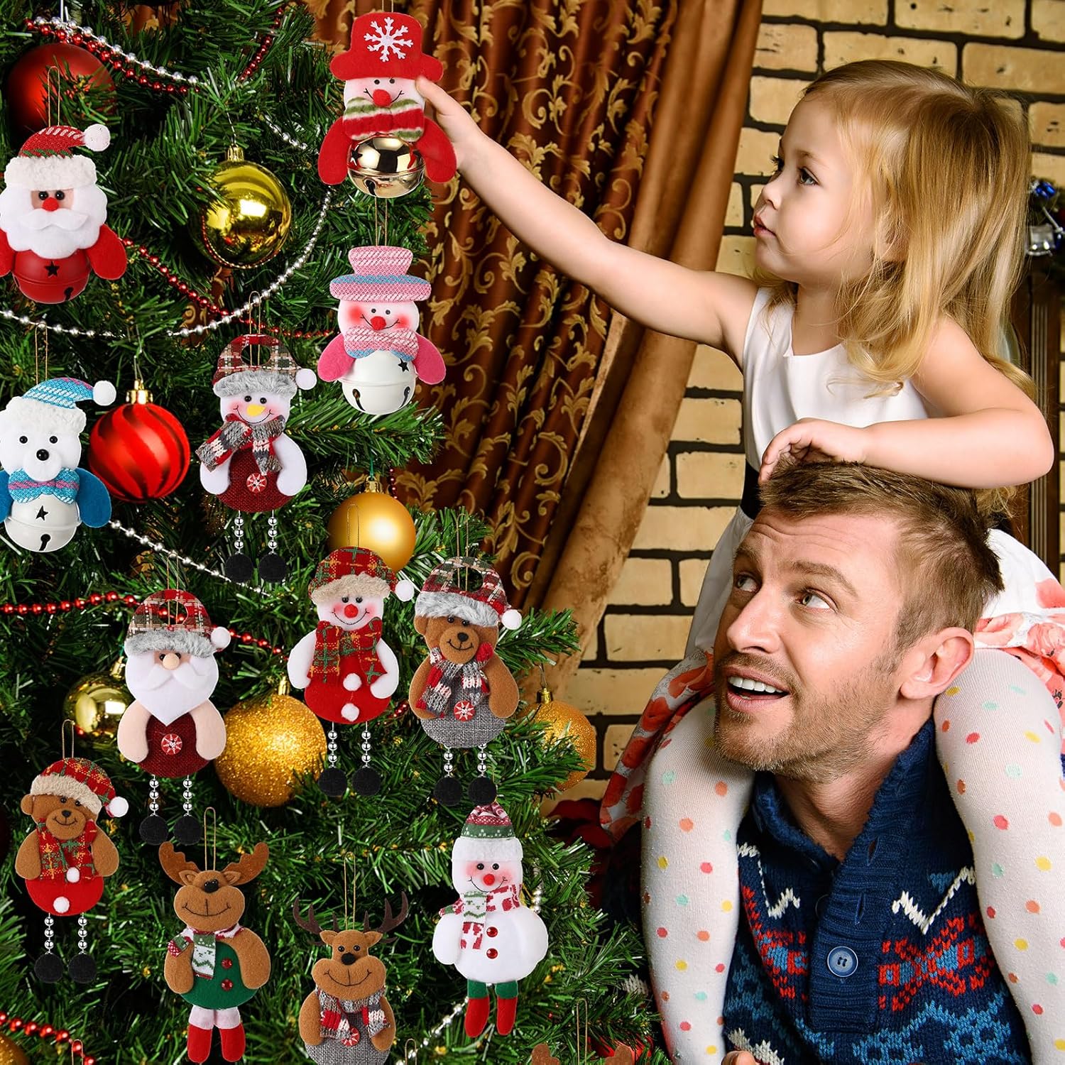 Skylety 16 piezas de decoraciones de árbol de Navidad, de peluche, oso de Papá Noel, colgantes de árbol de Navidad, alce, muñeco de nieve, campana,