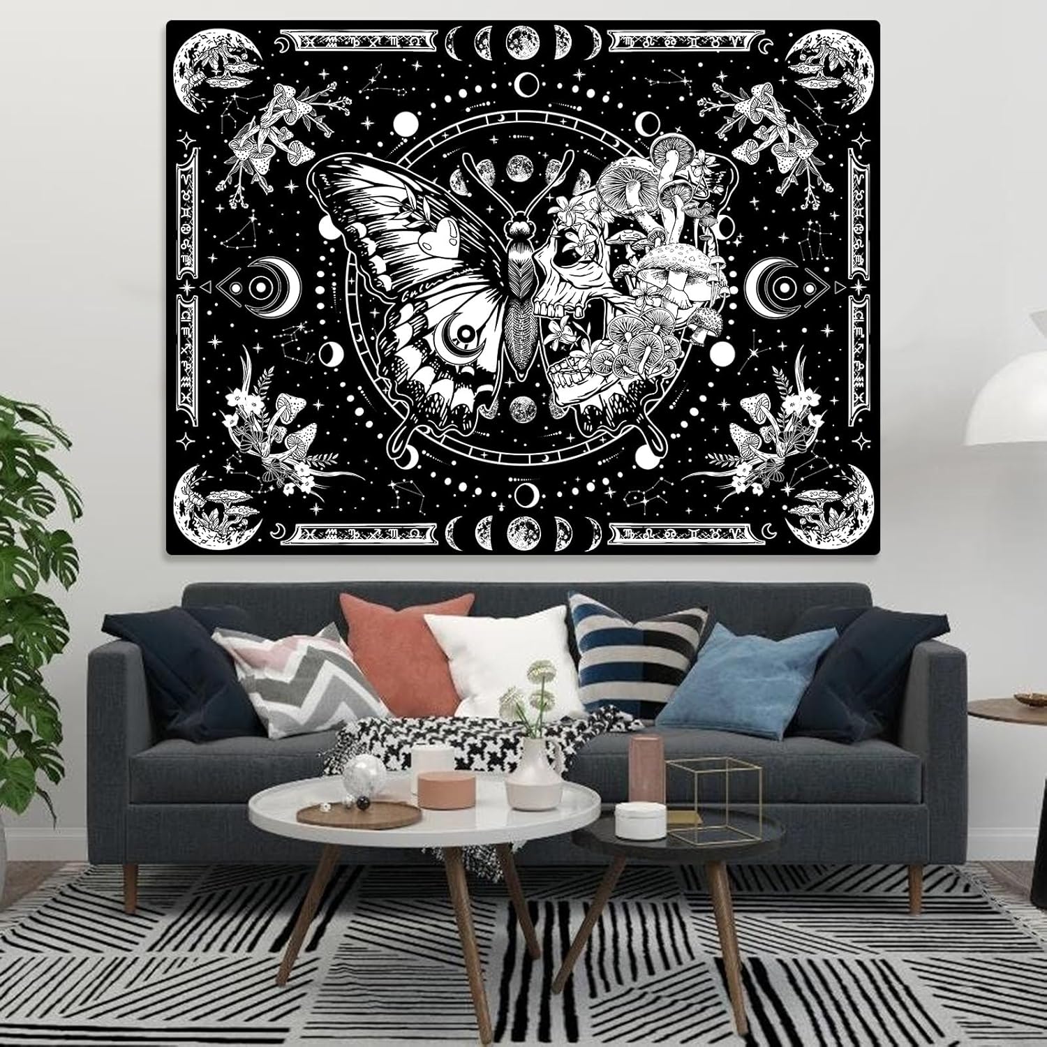 Tapiz de esqueleto y mariposa, diseño de calavera en blanco y negro, diseño de hongos, tapiz estético hippie para colgar en la pared para