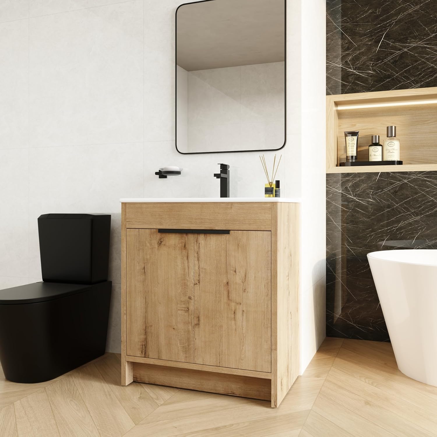 San Merah Tocador de baño independiente de 30 pulgadas con fregadero de cerámica, tocador de baño montado en el suelo con puertas de cierre suave y
