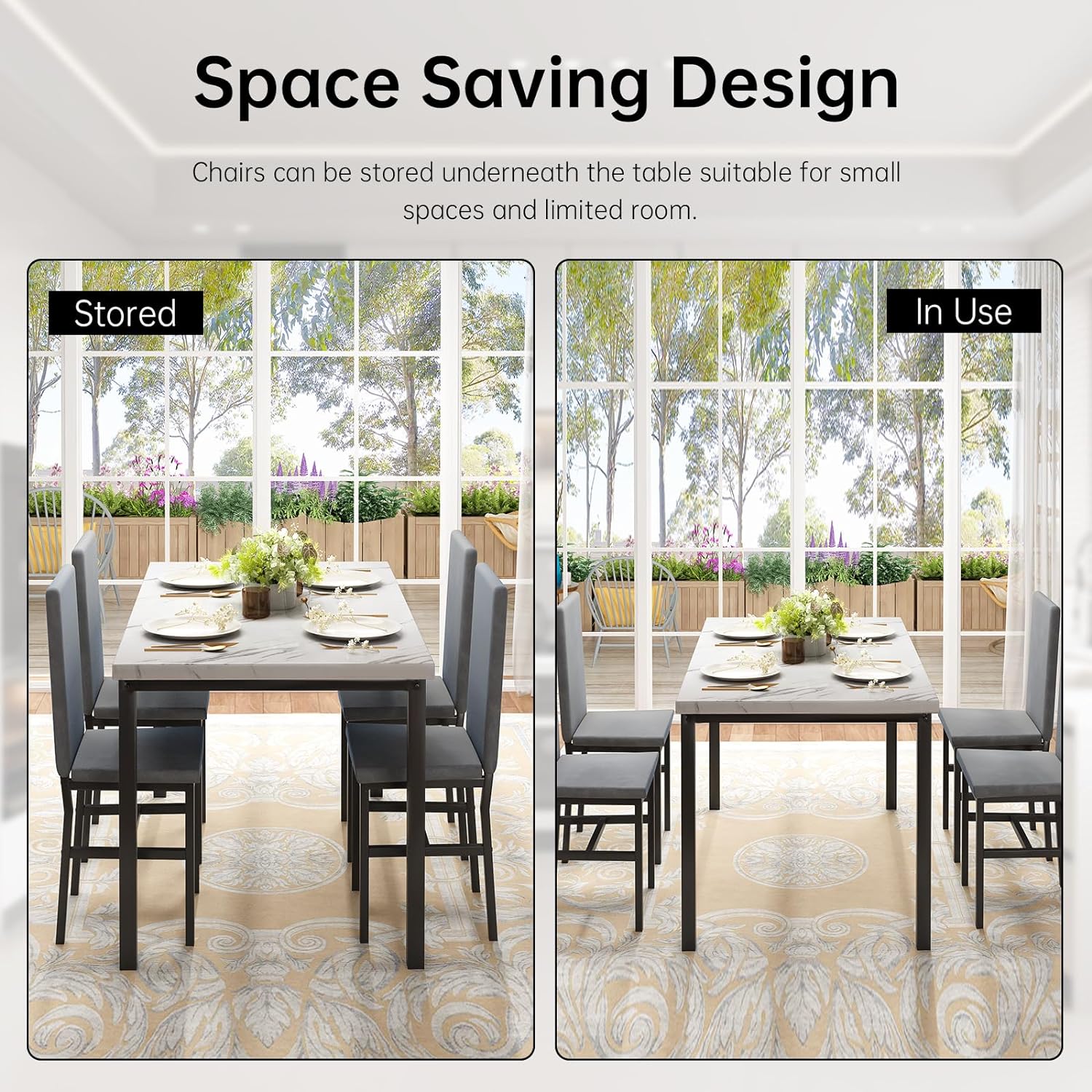Hooseng Juego de 4 mesas de comedor para 4, juego de 4 mesas y sillas de cocina modernas, juego de mesa de comedor de 5 piezas que ahorran espacio