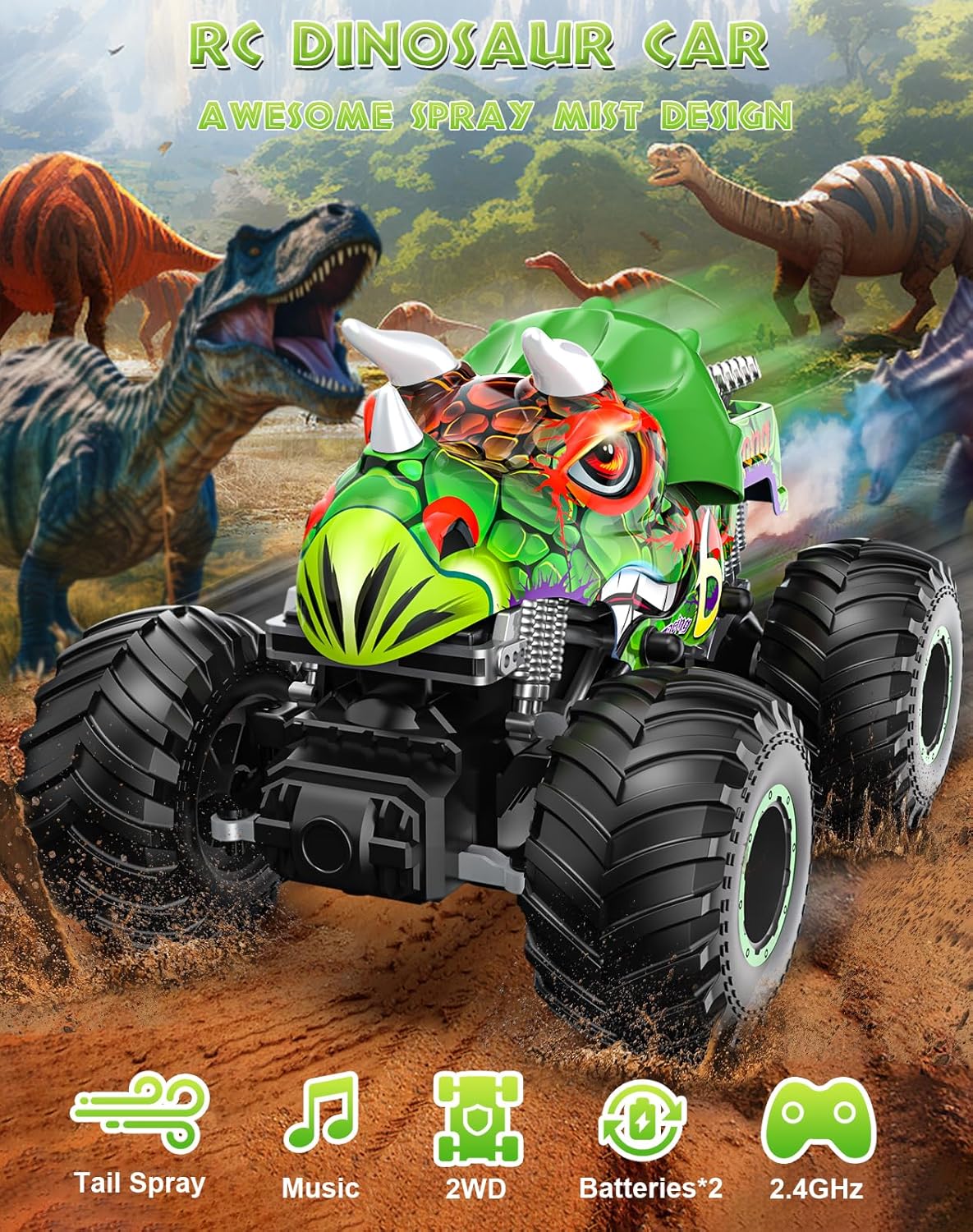 Juguete de camión monstruo de dinosaurio 2024 para niños, auto monstruo de dinosaurio a control remoto, automóvil RC todo terreno, camión monstruo
