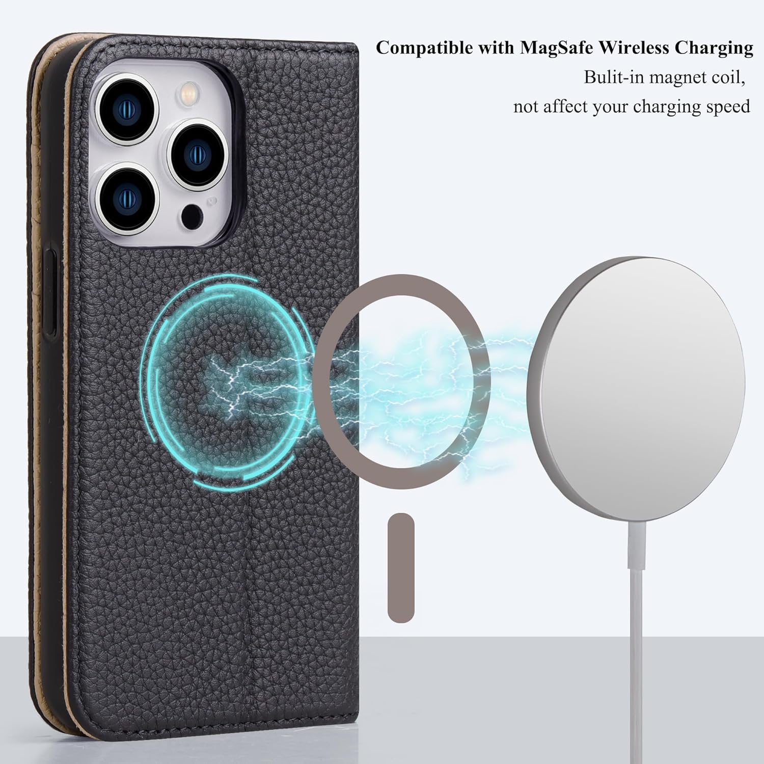 VISOUL Pebbled – Funda de piel auténtica para iPhone 15 Pro Max con soporte para tarjetas, funda magnética con función atril para iPhone 15 Pro Max