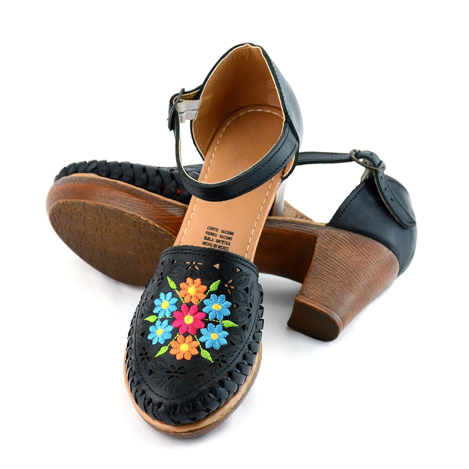 Mexican Leather Shoes with Embroidered Flowers, with heels for Women – Model 102BL (7, Black)