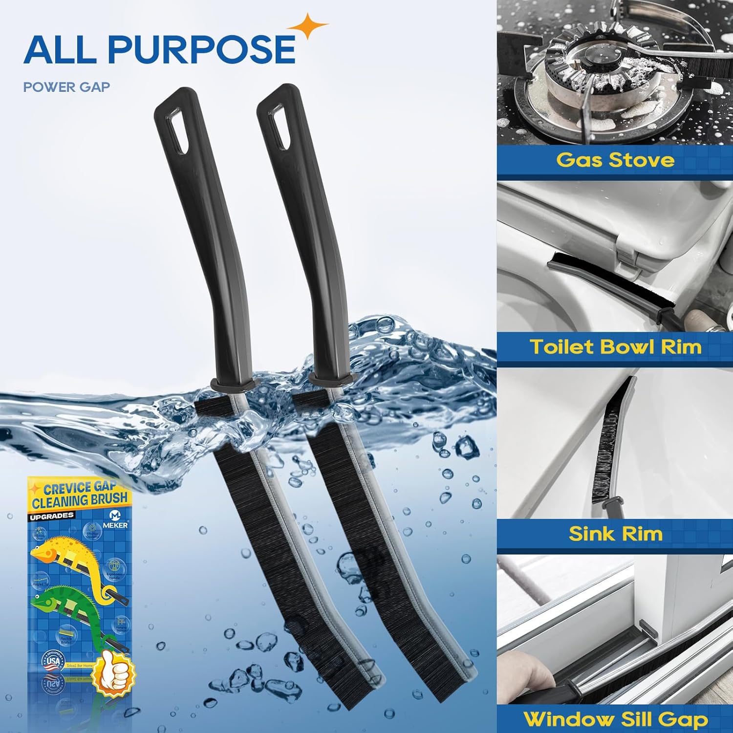MEKER Cepillo de limpieza Black Gap con cerdas duras, juego de 2, ideal para cocina, baño, azulejos, riel de ventana, grifos