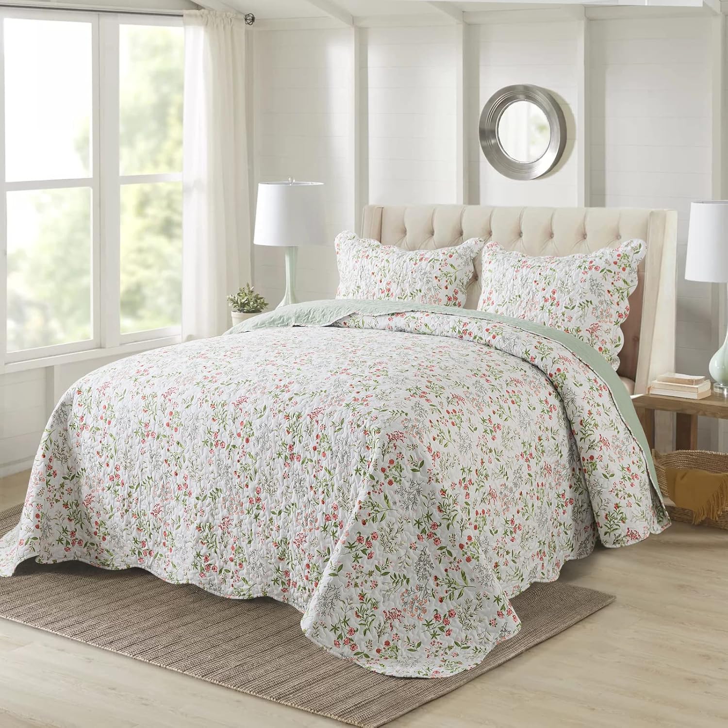 HoneiLife Colcha floral tamaño King  Juego de edredón de microfibra de 3 piezas, colchas ligeras de flores silvestres, funda de cama natural, juego