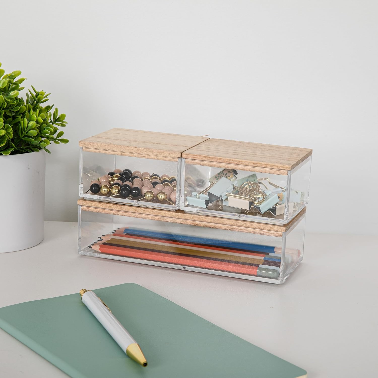 Martha Stewart Brody – Contenedores organizadores de plástico con tapas de madera de paulownia para oficina en casa, cocina o baño, paquete de 3, 2