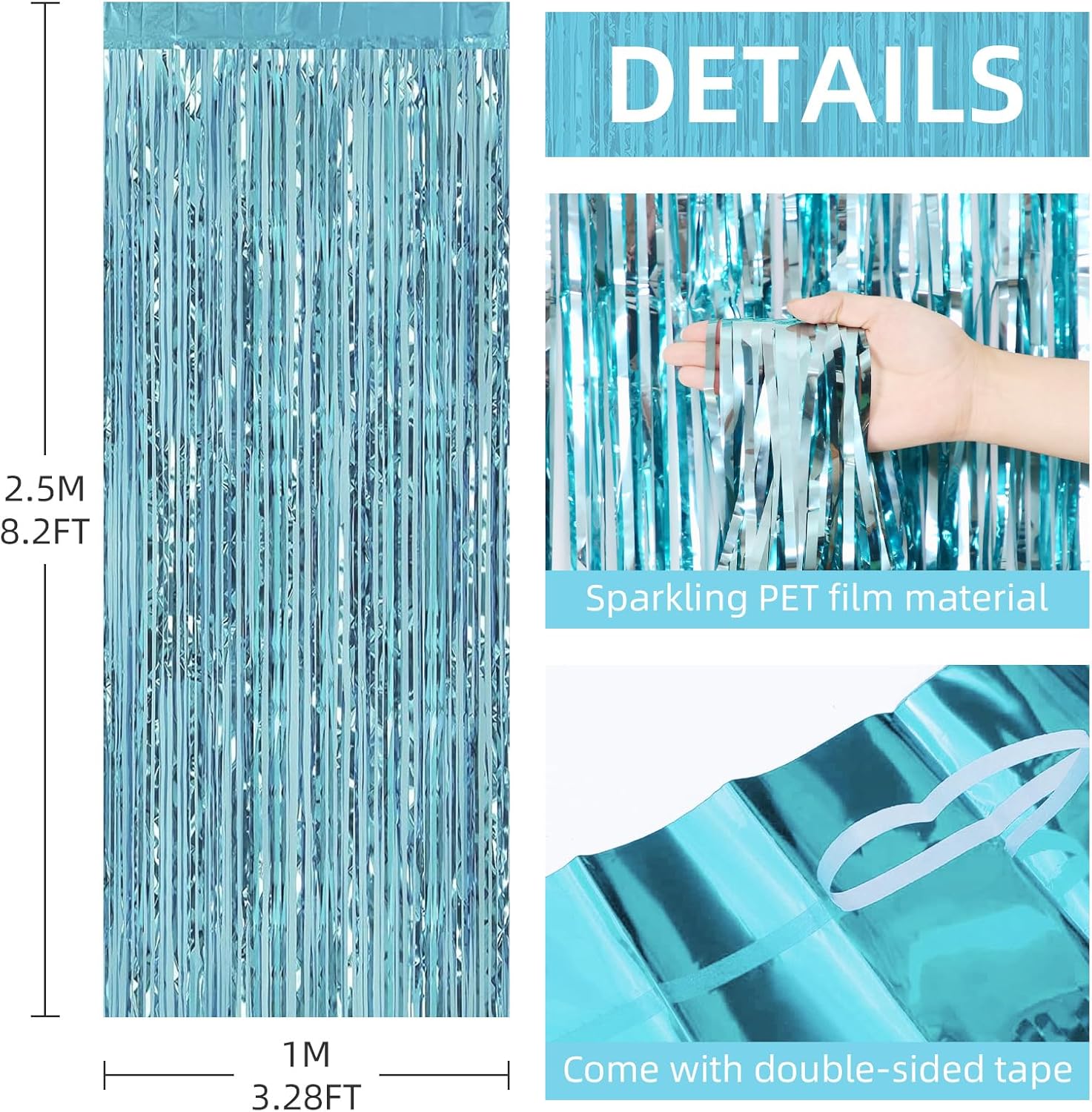 Paquete de 6 cortinas de fondo de flecos de papel de aluminio, 3.28 x 8.2 pies, serpentinas de oropel azul claro, cortinas de flecos metálicos de