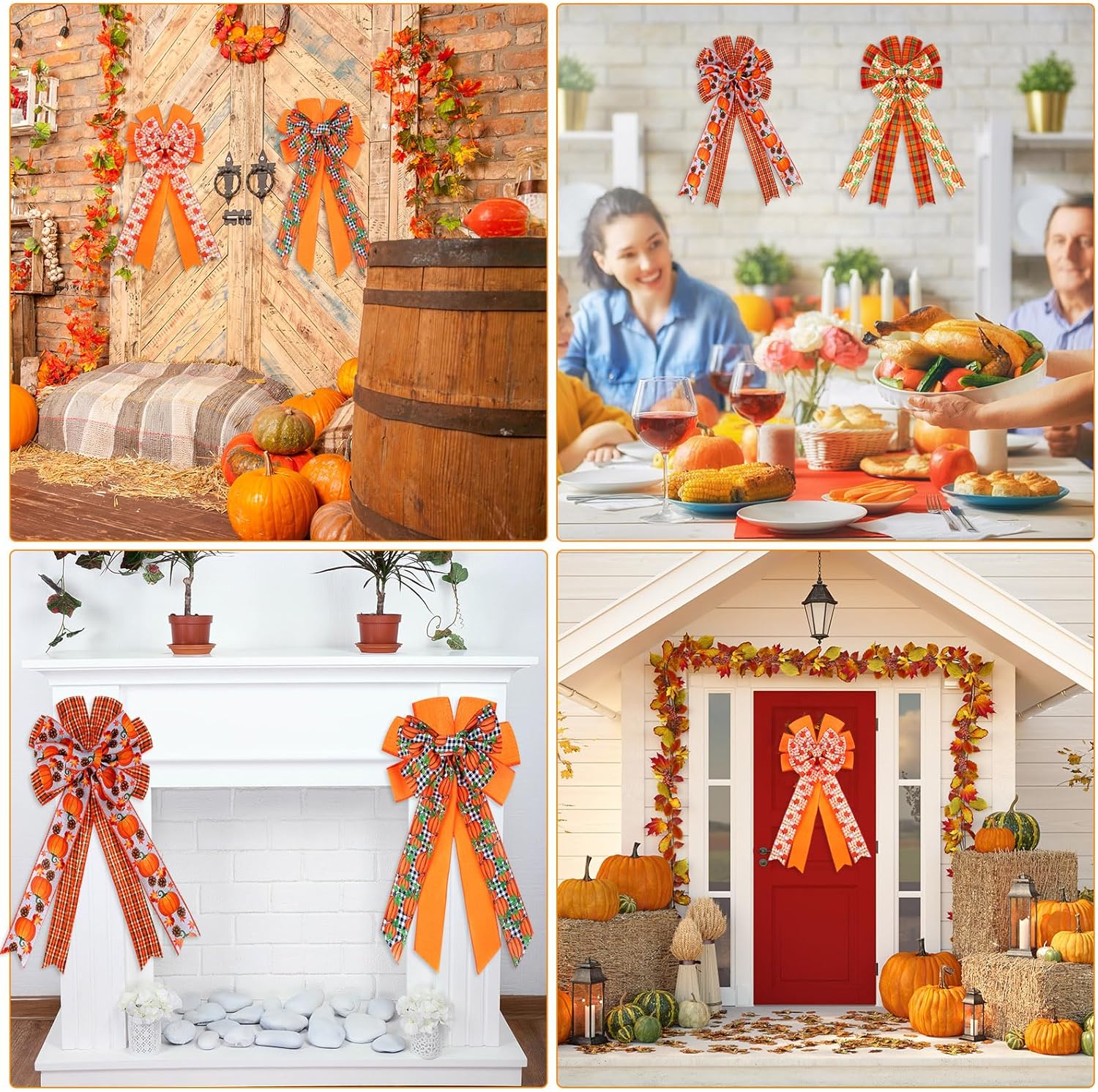Arcos de corona de otoño de 11.8 x 19.7 pulgadas, lazos grandes de calabaza a cuadros, decoración de doble capa para árbol de Acción de Gracias,