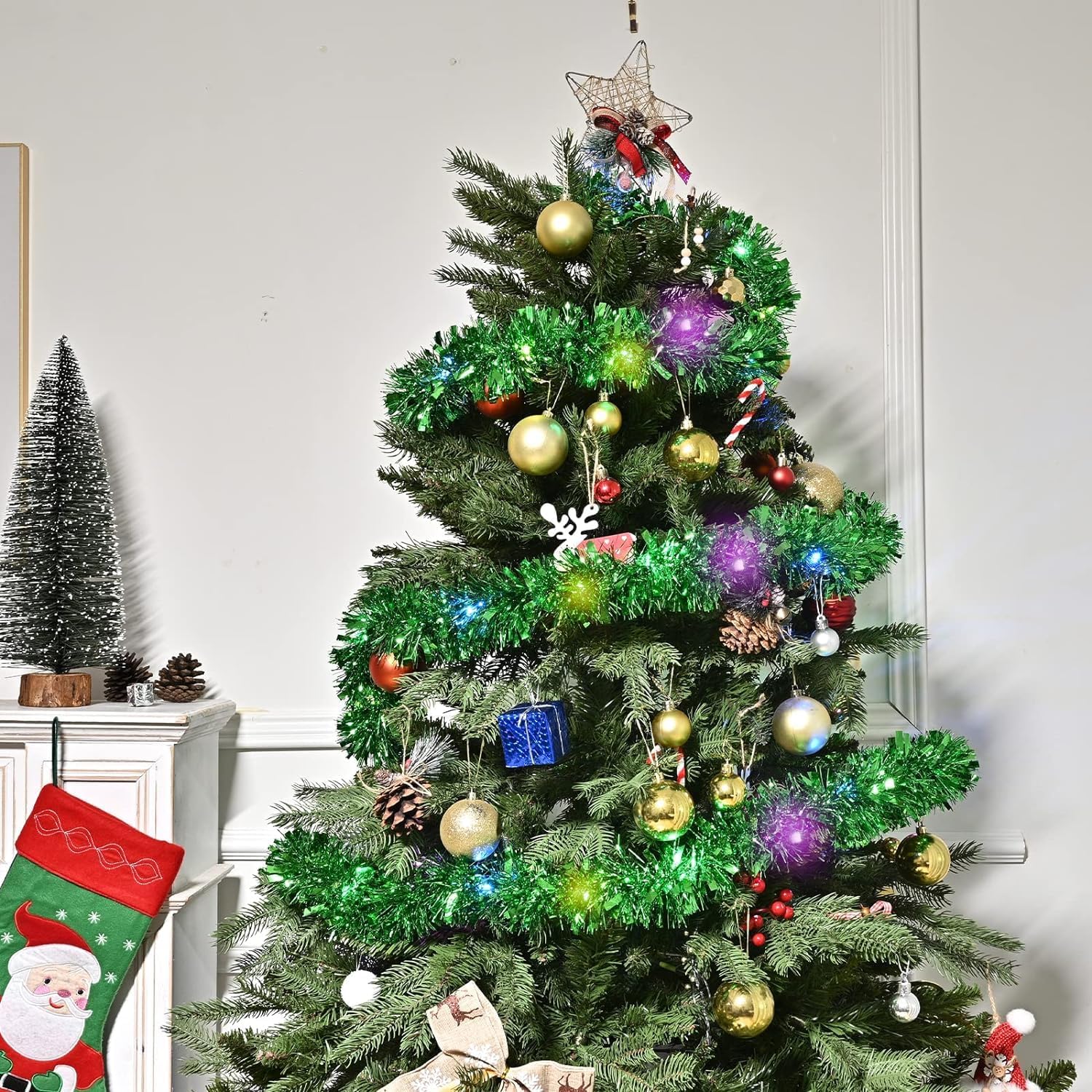 Guirnalda de oropel de Navidad preiluminada de 19.7 pies, guirnalda de oropel metálico verde con luces LED, funciona con pilas, guirnalda de