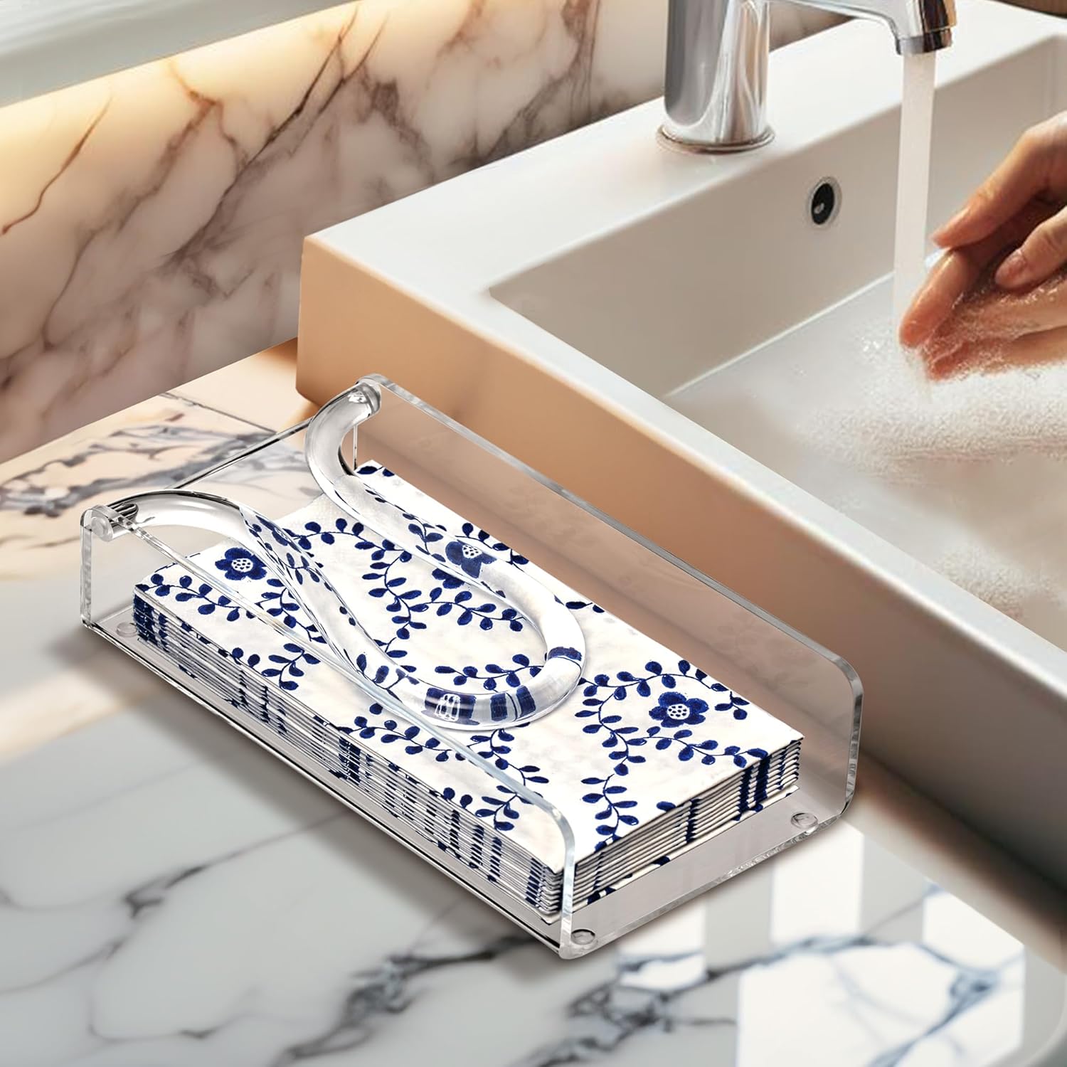 Amazing Abby Servilletero acrílico para toallas de invitados (8.5 x 4.5 pulgadas), dispensador de servilletas de plástico transparente con brazo