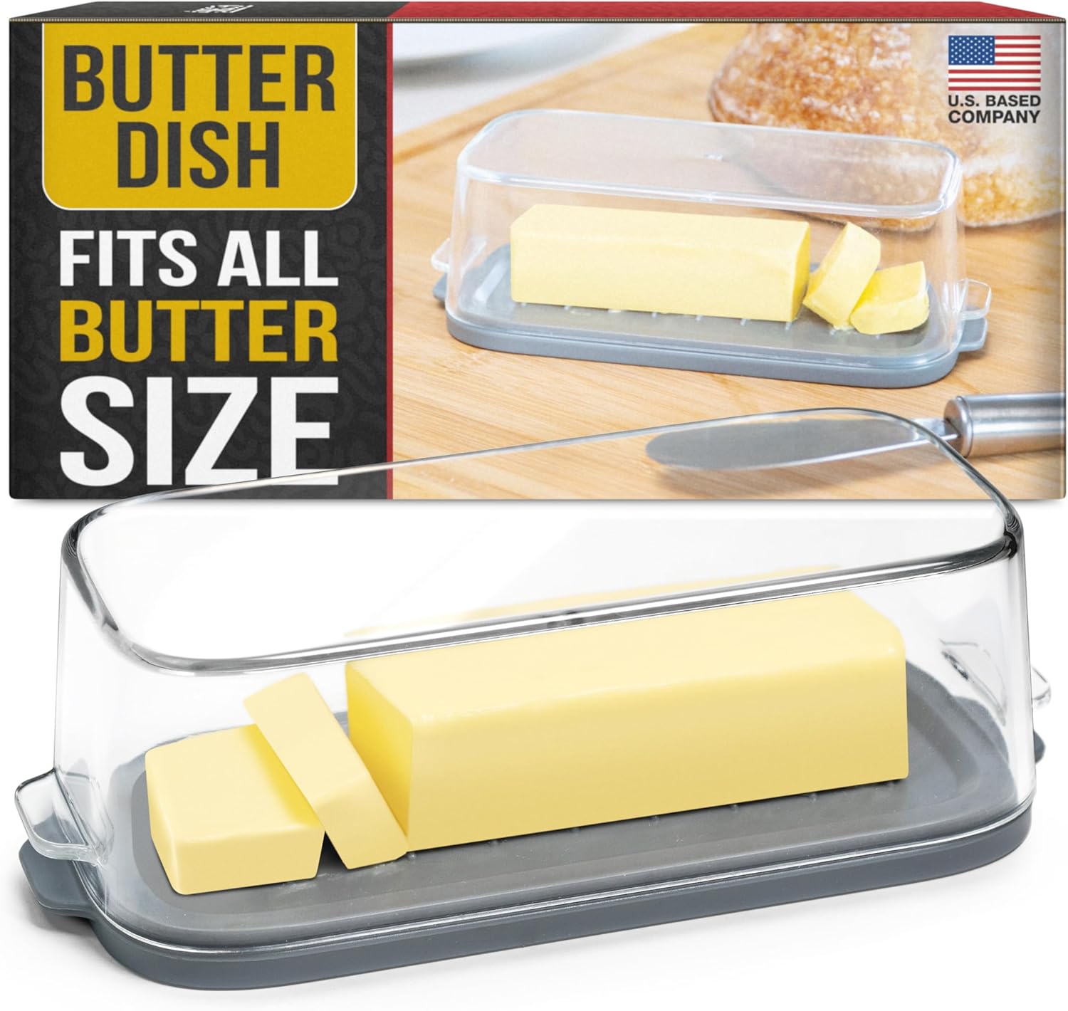Eparé Mantequillera grande con tapa para encimera, sin BPA, platos de encimera para almacenamiento de mantequilla suave, plato de mantequilla