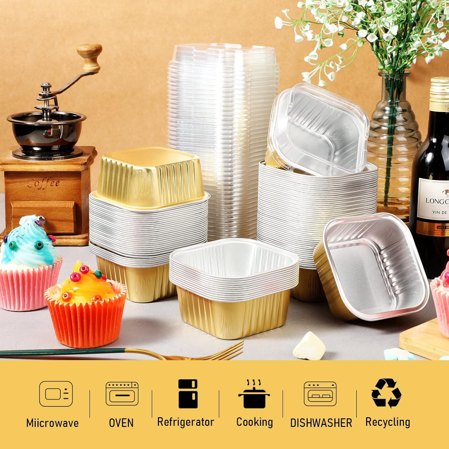 200 tazas de papel de aluminio para hornear de 5 onzas con tapas, recipientes de papel de aluminio de 5.1 fl oz para cupcakes, moldes desechables,