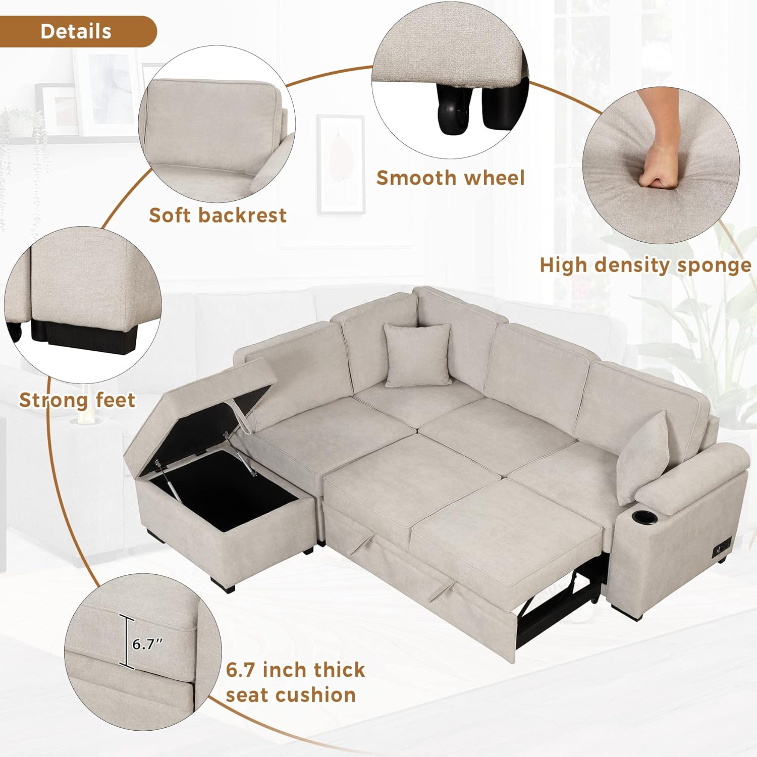 Sofá cama modular con cama extraíble y diván, sofá convertible 2 en 1 en forma de L con otomana de almacenamiento, carga USB y soporte para tazas,
