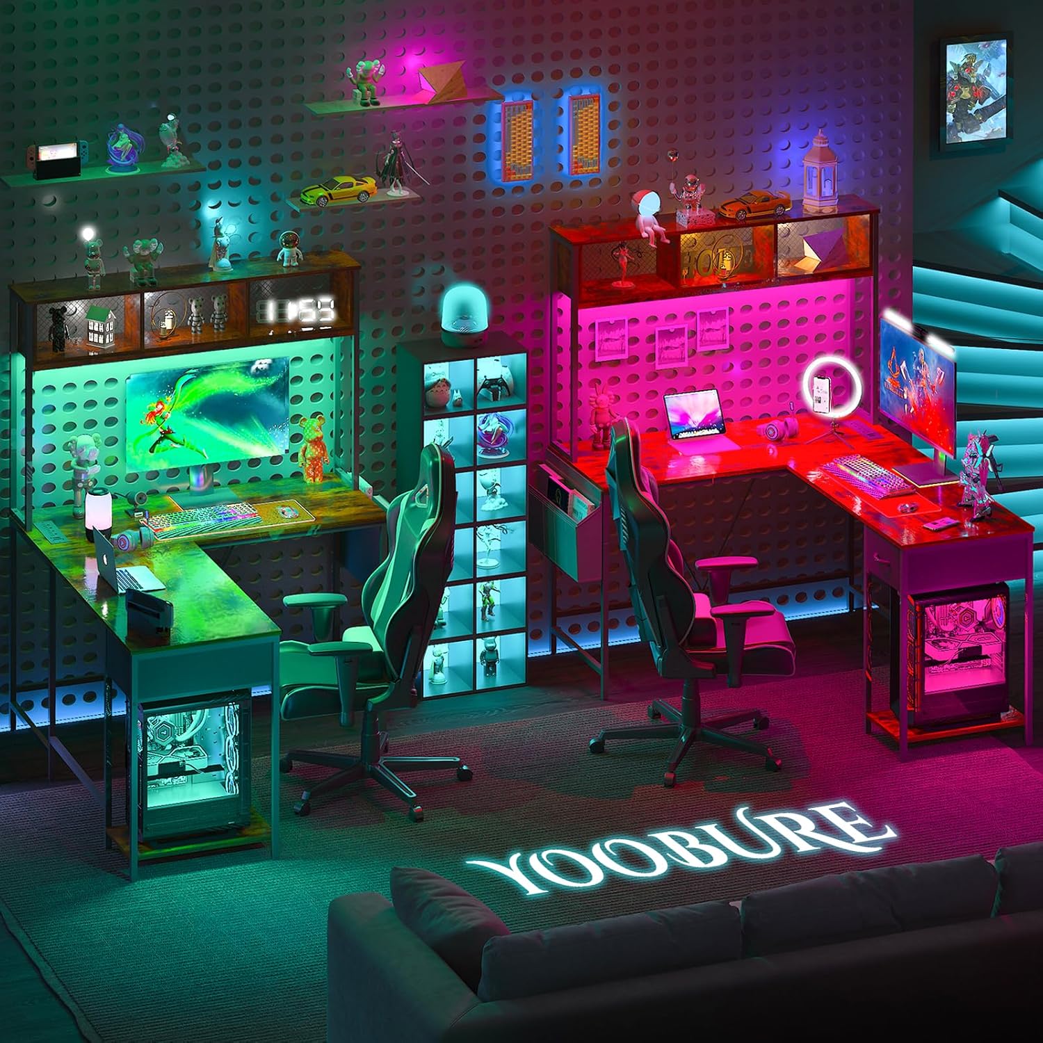 Yoobure Escritorio en forma de L con tira LED y toma de corriente, escritorio reversible en forma de L, escritorio esquinero, escritorio de oficina
