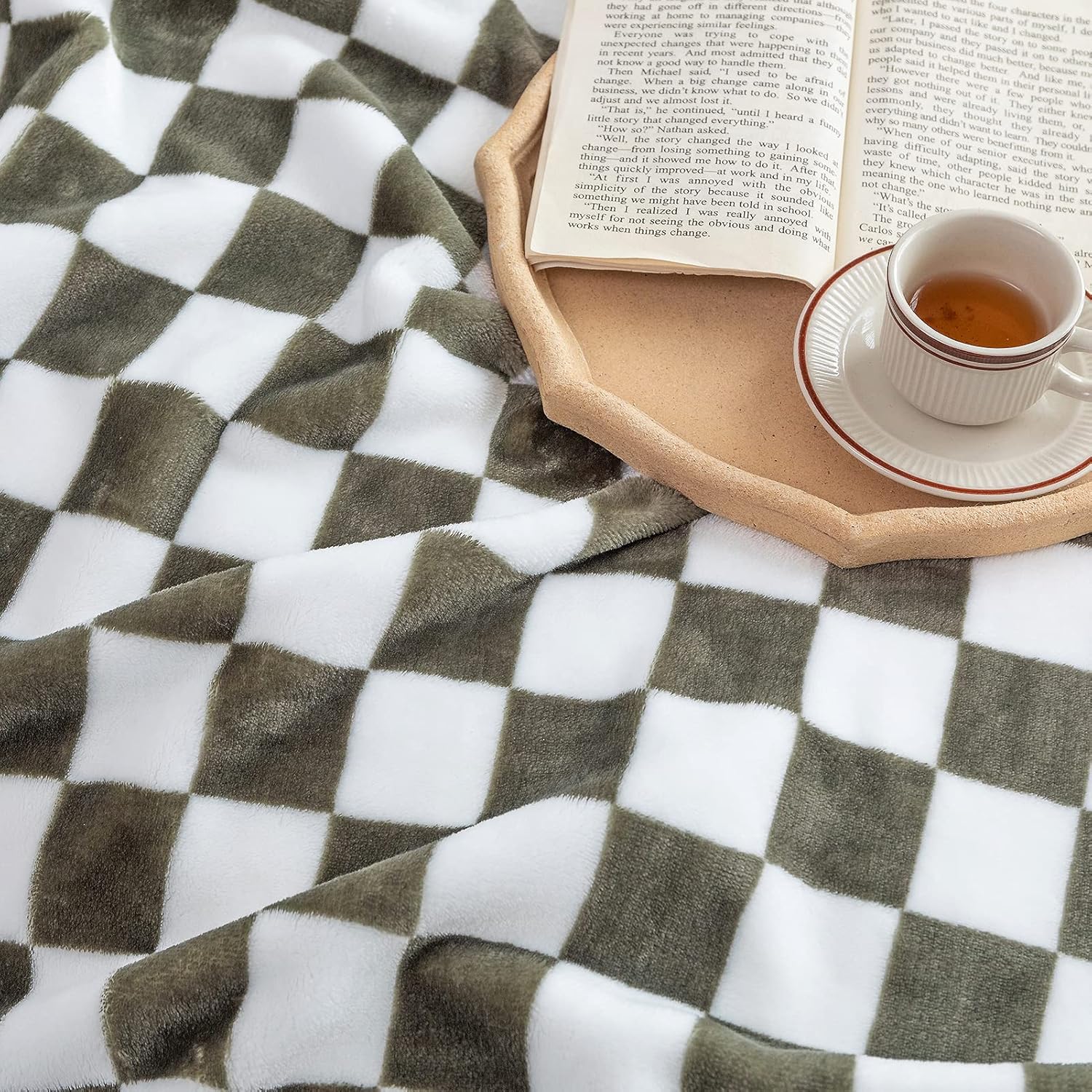 LOMAO Manta de franela con patrón de cuadrícula de ajedrez, suave, lujosa, cálida y acogedora para sofá y cama, para todas las estaciones (oliva