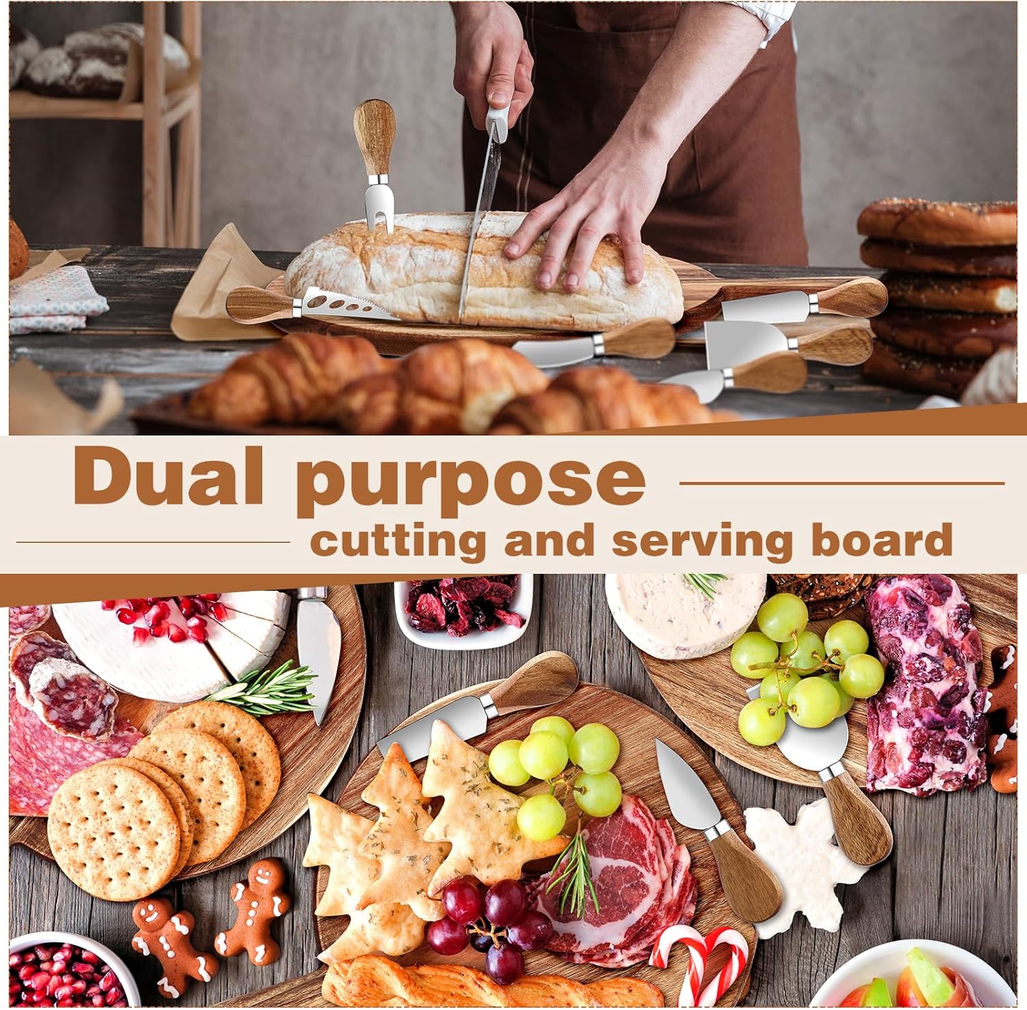 Juego de 6 tablas de queso de Navidad, tabla de cortar de madera de Navidad con mango y cuchillos de queso, tabla decorativa para quesos a granel
