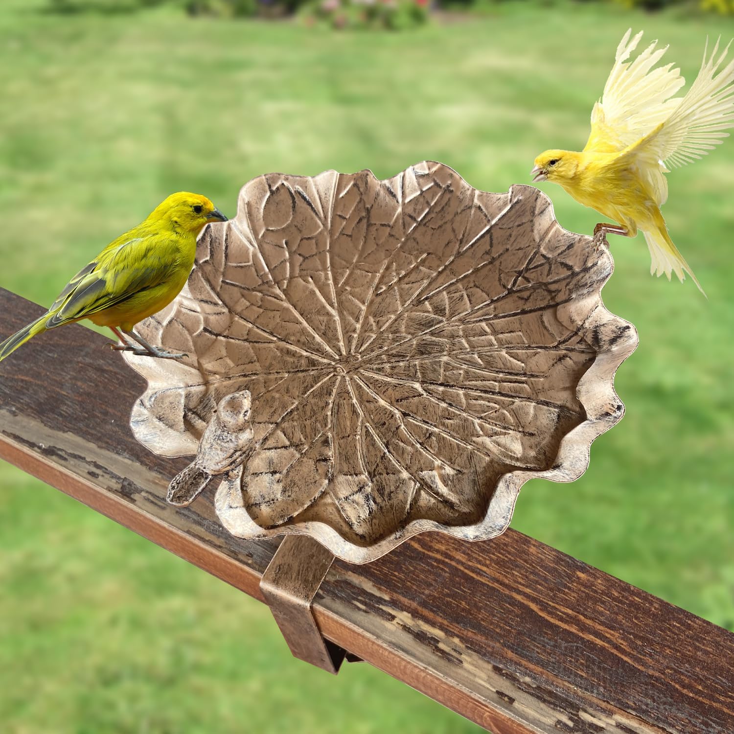 changqing Alimentador de baño de metal para pájaros, hoja de loto, montado en la cubierta de doble uso, para decoración de jardín al aire libre,