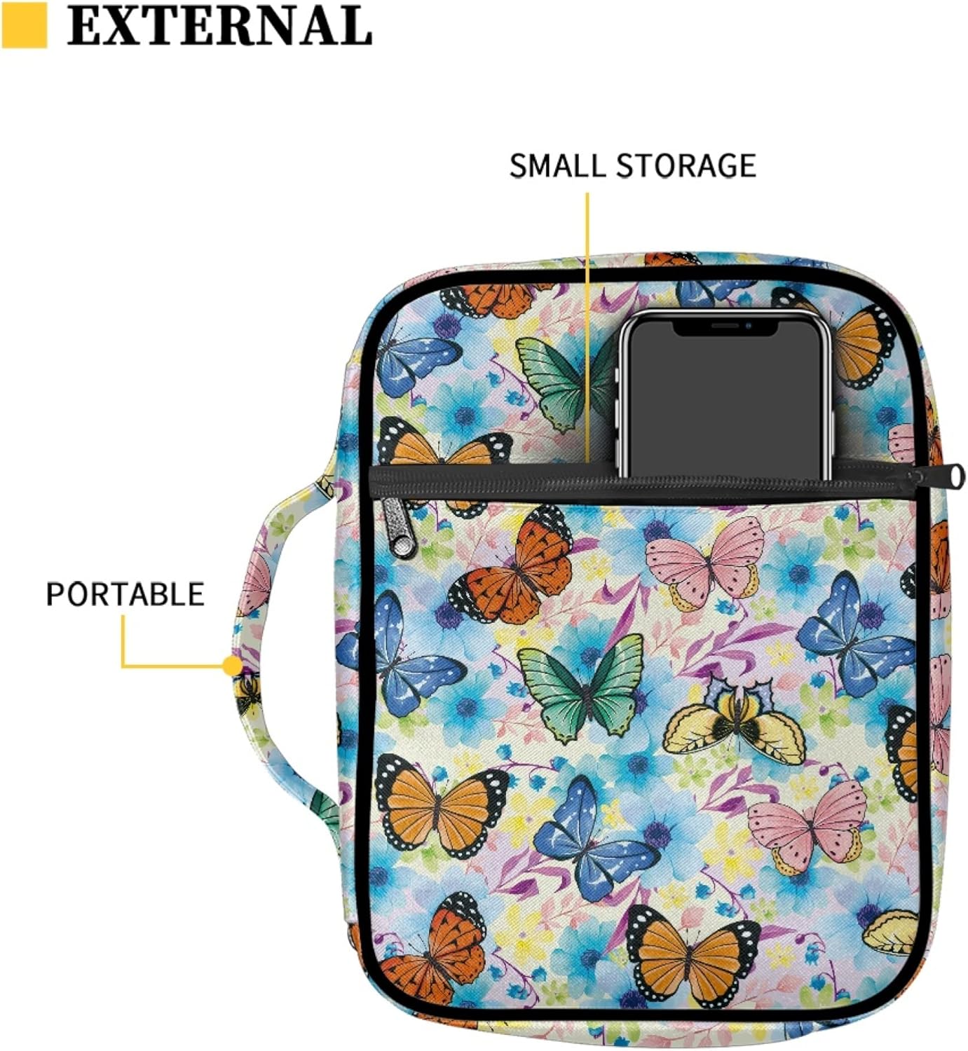ZOCANIA Fundas florales para la Biblia para mujeres y niñas, funda de Biblia de mariposa con asa y bolsillo con cremallera, tamaño grande de 10.8 x