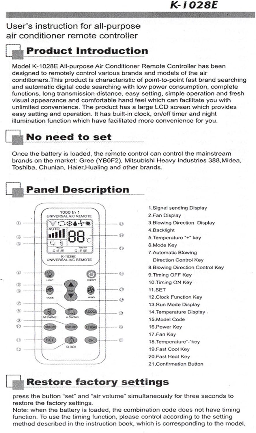 Aire acondicionado universal AC Control remoto LCD controlador de acondicionamiento 1000 en 1 para Mitsubishi Toshiba HITACHI FUJITSU Daewoo LG